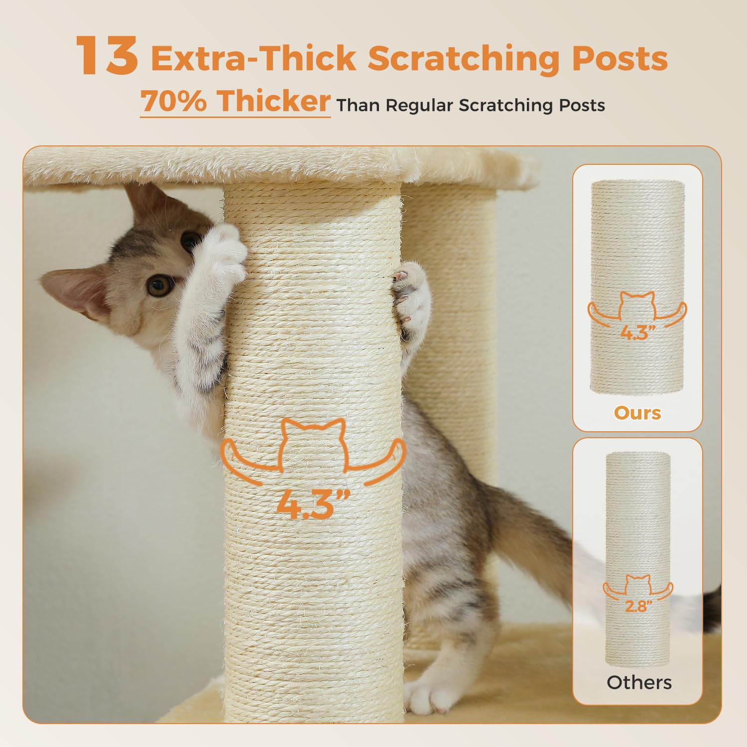 MUTTROS Large Cat Tree - 67 Tall Cat Tower for Large Cats, Beige, Multi-Level Condo with 13 Sisal Scratching Posts, Perch & Hammocks