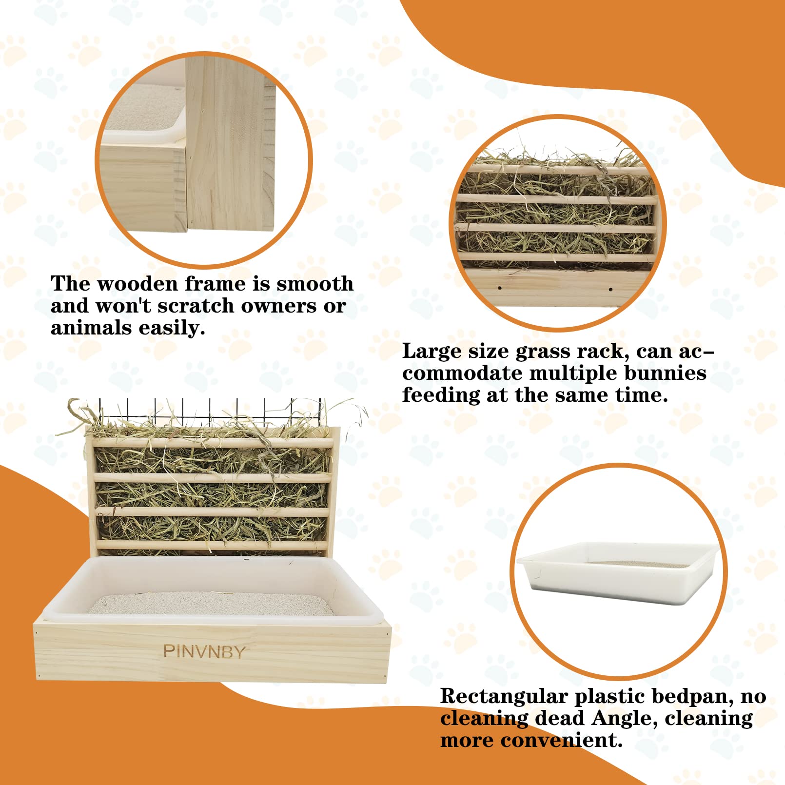 PINVNBY Bunny Hay Rack with Plastic Litter Box, Rabbit Grass Manger Holder, Guinea Pig Wooden Feeder and Toilet Set, Practical R