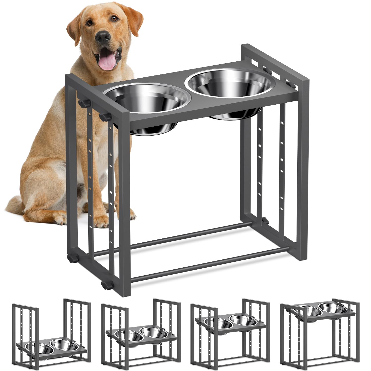 Elevated Dog Bowls For Medium Breed: 4 Height Adjustable Raised Dog Bowl Feeder Station, 2 Stainless Steel Bowls, Grey