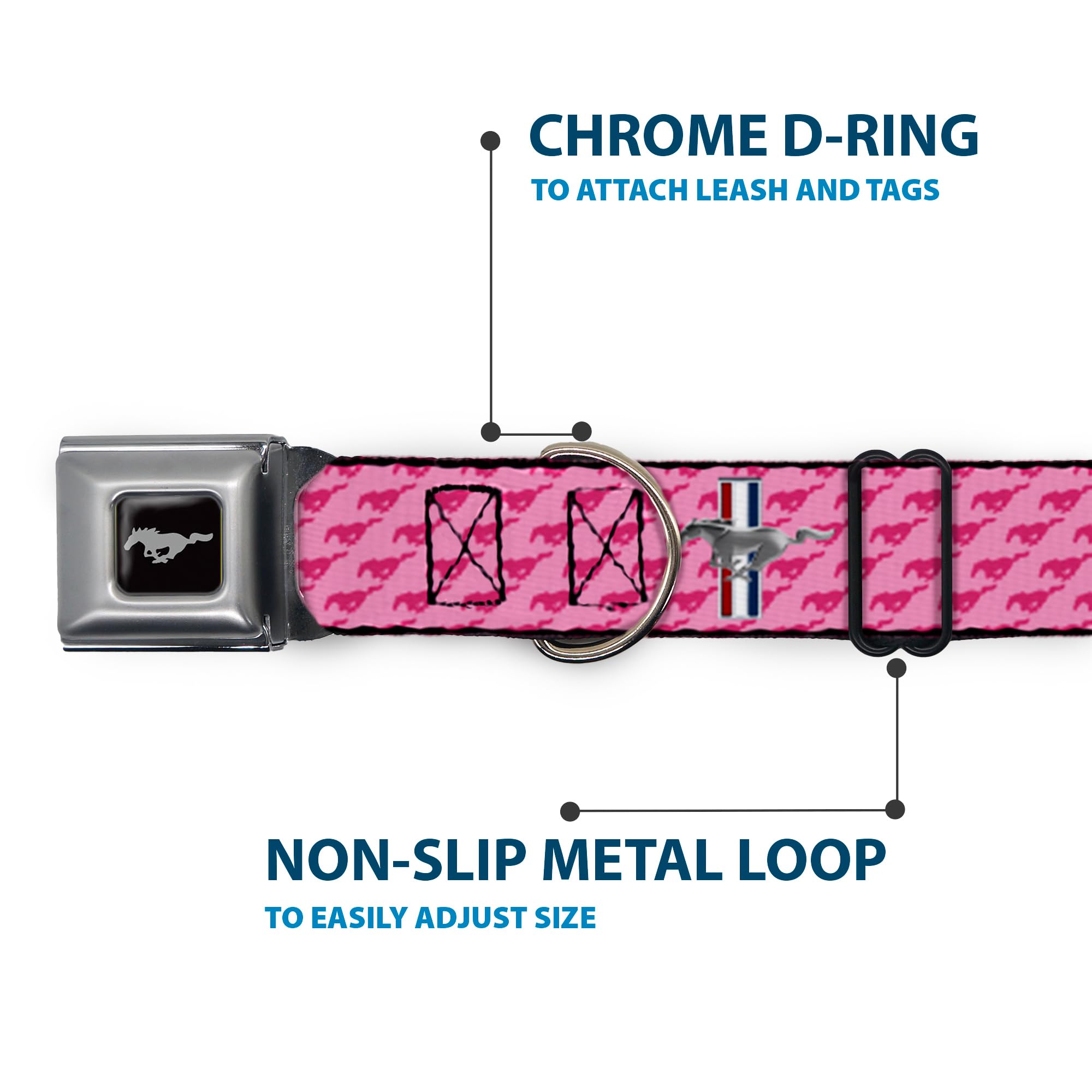 Buckle-Down Dog Collar Seatbelt Buckle Ford Mustang Bars Text Pink Logo Repeat 18 To 32 Inches 1.5 Inch Wide, Dc-Wfm010-Wl