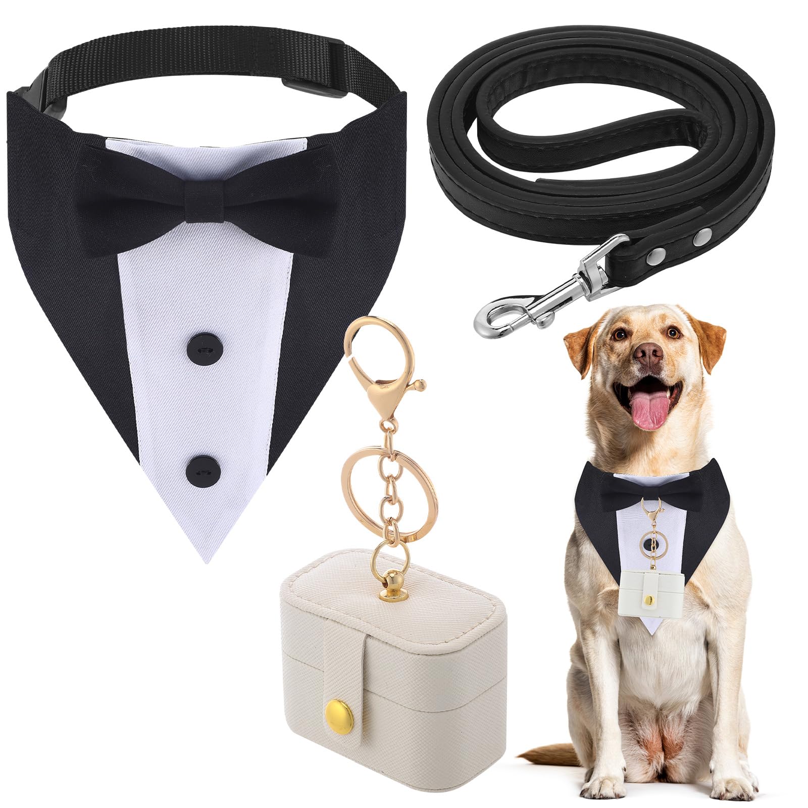 Locmeo 3 Pcs Dog Wedding Collar Outfit Include Dog Tuxedo Attire Wedding Ring Bearer Ring Holder Pouch Box Adjustable Pet Neck B