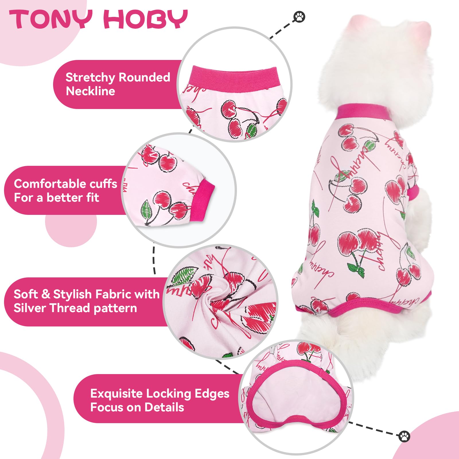 Tony Hoby Dogs Pajamas, 4 Ledgged Dog Shirt Soft Comfortable, Dog Jumpsuit Clothes For Small Medium Dogs (Cherries, Xl)