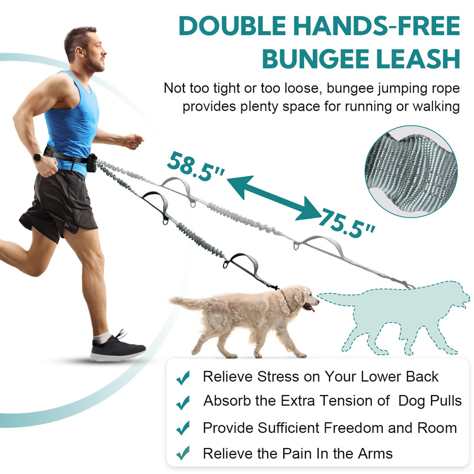 Yicostar Hands Free Dog Leash - Double Leash for 2 Dogs, Retractable Bungee, Grey-Green, Model CXDLGYGE2