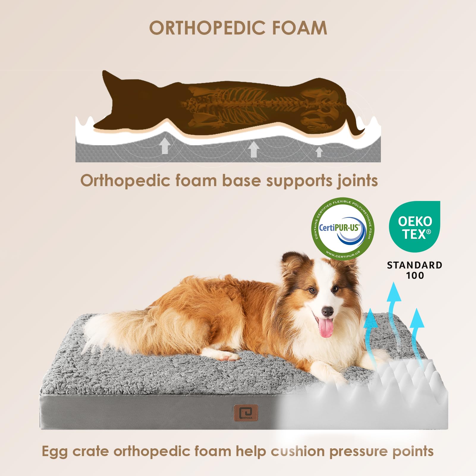Eheyciga Orthopedic Foam Dog Bed, Medium, 30'L X 20'W X 3.5'Th, Light Grey
