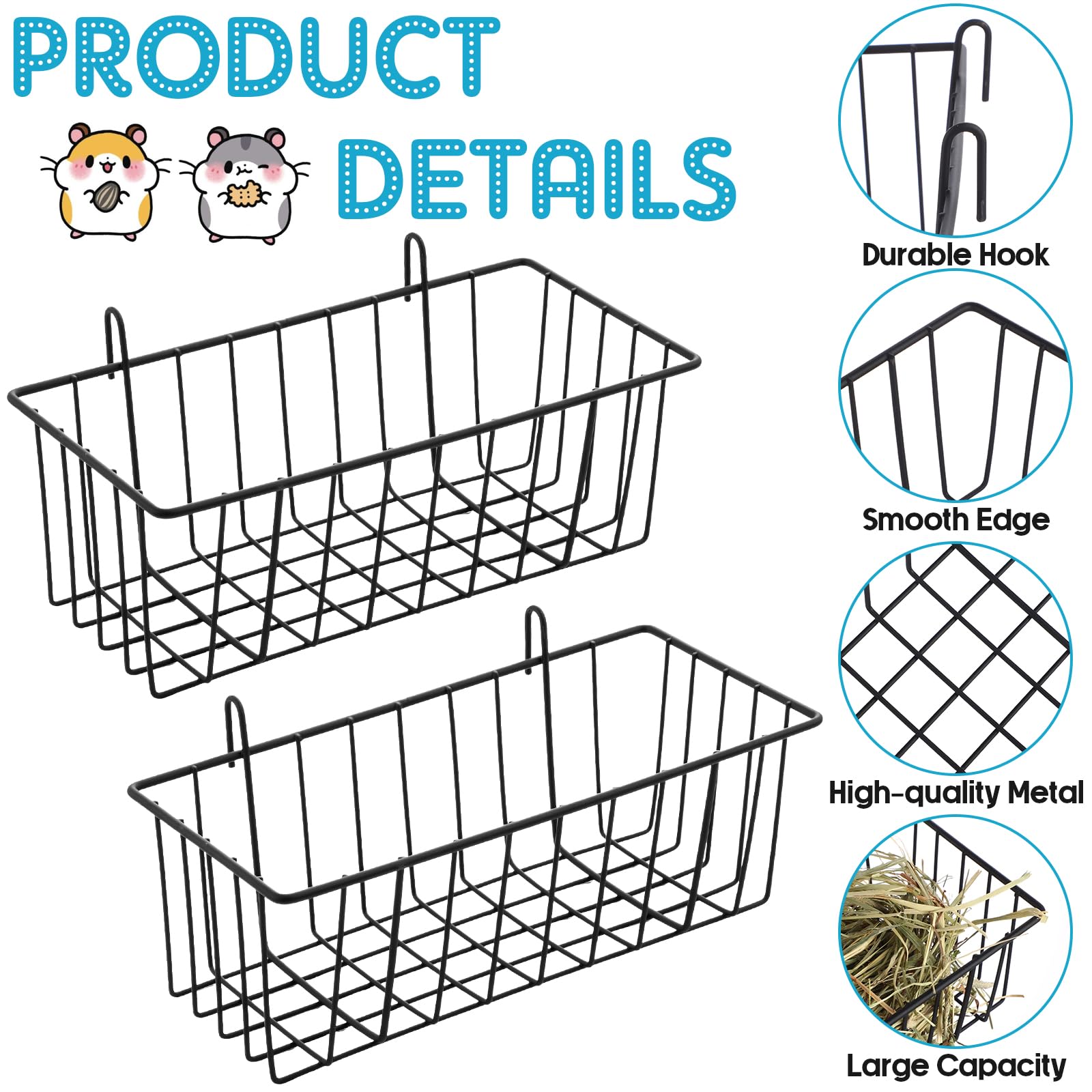 Therwen 4 Pcs Rabbit Hay Feeder Heavy Duty Metal Rabbit Hay Rack with Hooks Cage Hanging Hay Holder for Chinchilla Bunny Guinea