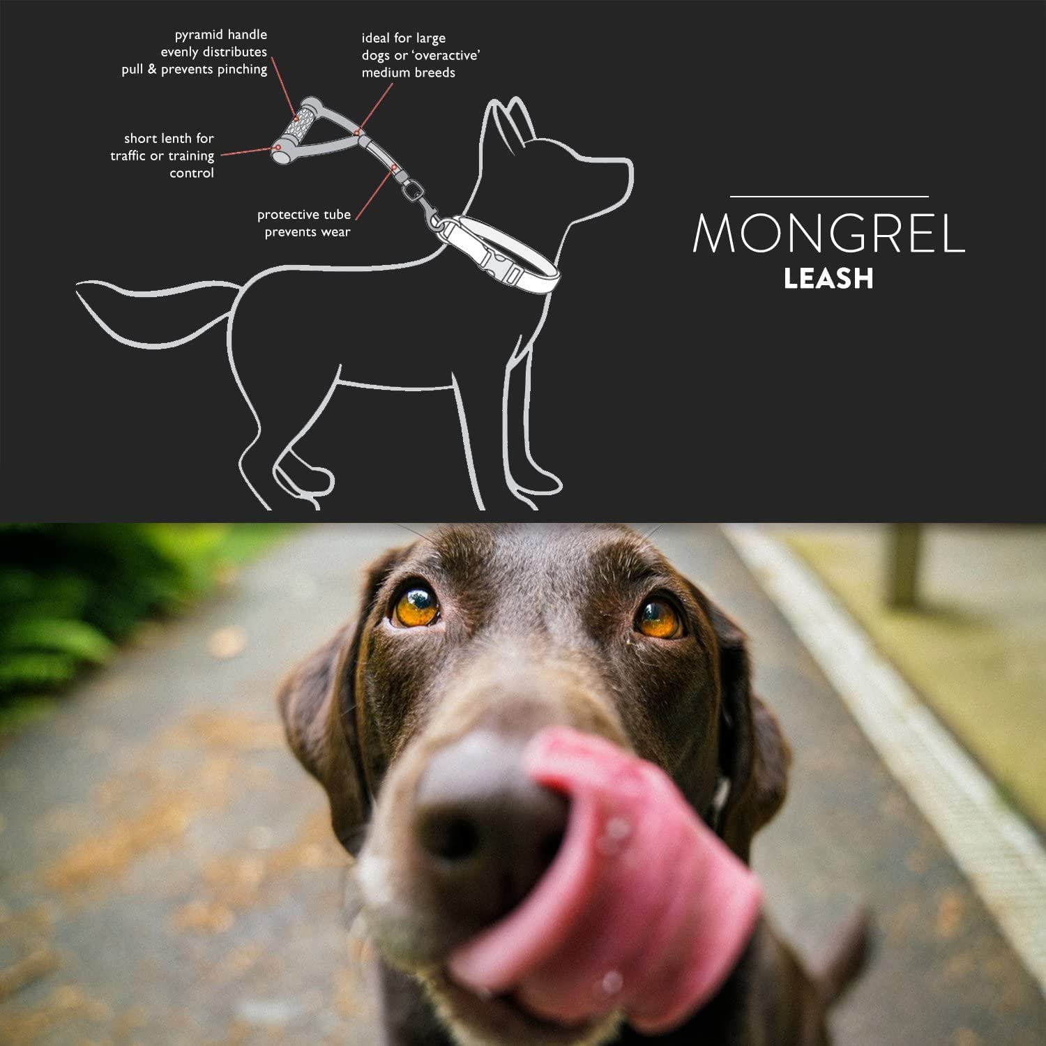 Ezydog Mongrel Best Short Dog Leash For Medium To Large Dogs - Perfect Lead For Control, Training, And Keeping Your Dog Close - Durable And Comfortable Pyramid Handle Design (12”, Black)