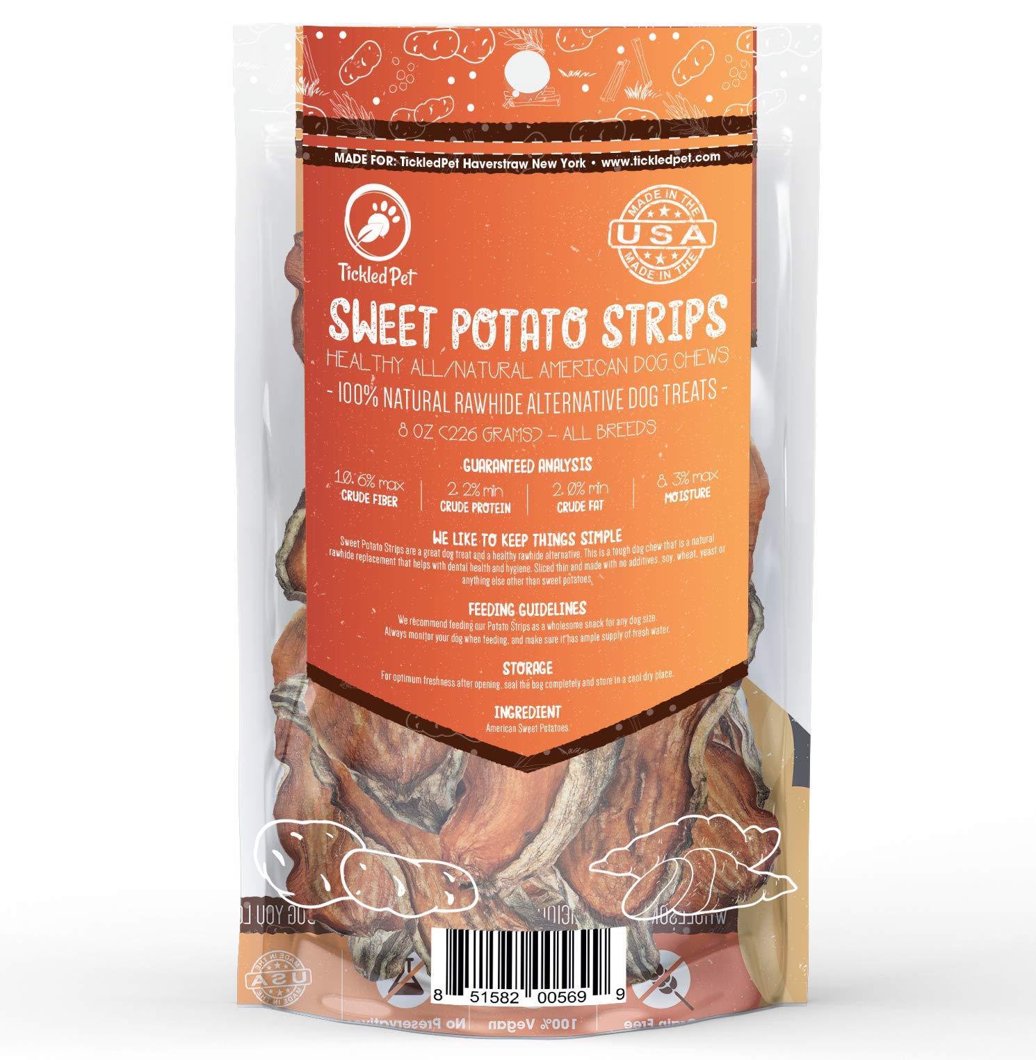 TickledPet Sweet Potato Dog Treats - Dried American Sweet Potatoes Chews for Dogs - USA Made, 16oz