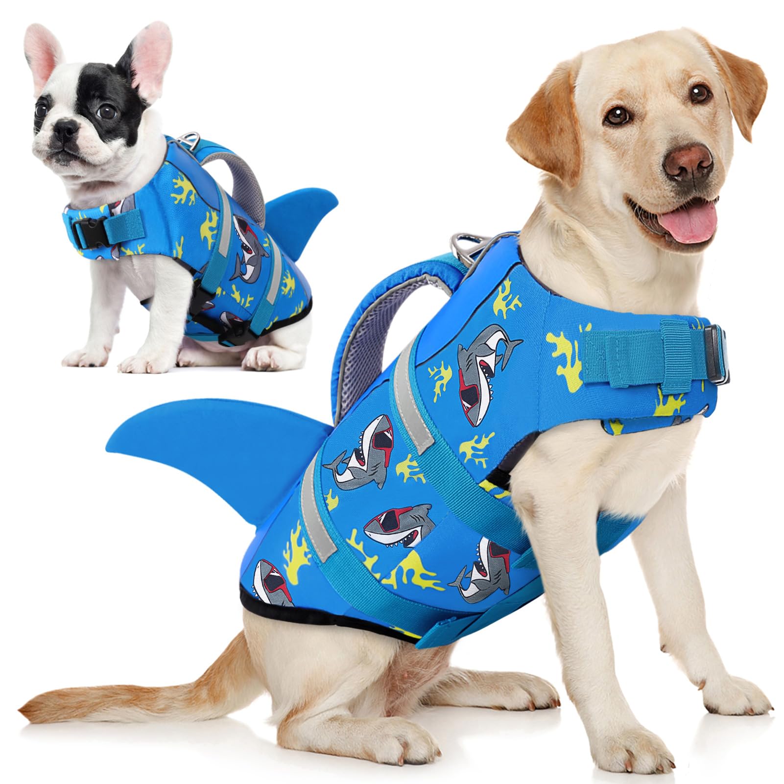 Aofitee Dog Life Jacket Large, Shark Dog Life Vest For Swimming Boating, High Flotation Reflective Dogs Swimming Vest Lifesaver 