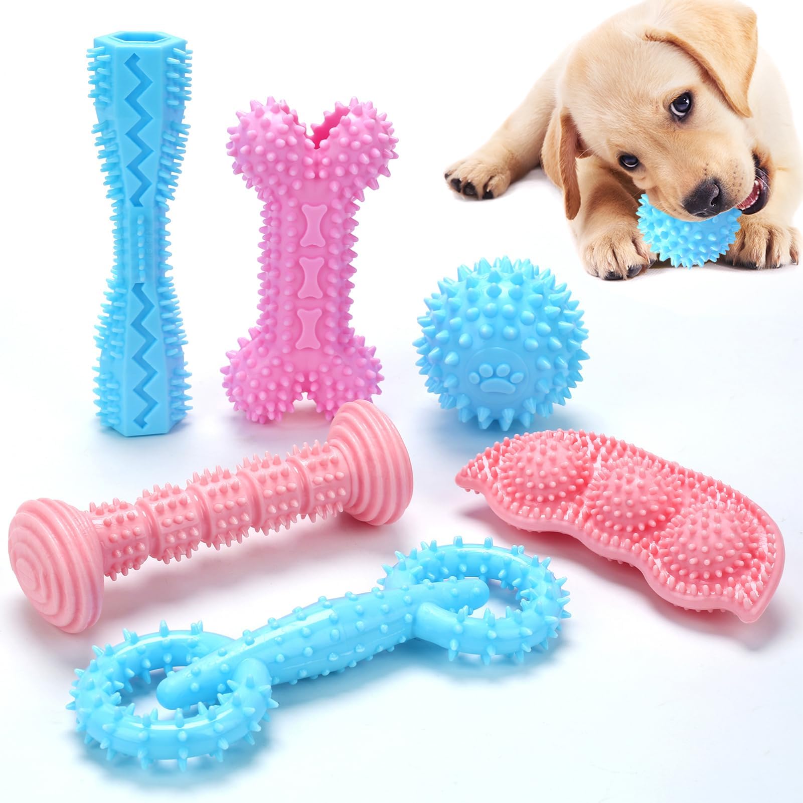 Angecado 6 Pack Puppy Chew Toys for Teething, Interactive Pink Blue Small Dog Enrichment Toys for Small Medium Dogs Soft Rubber 