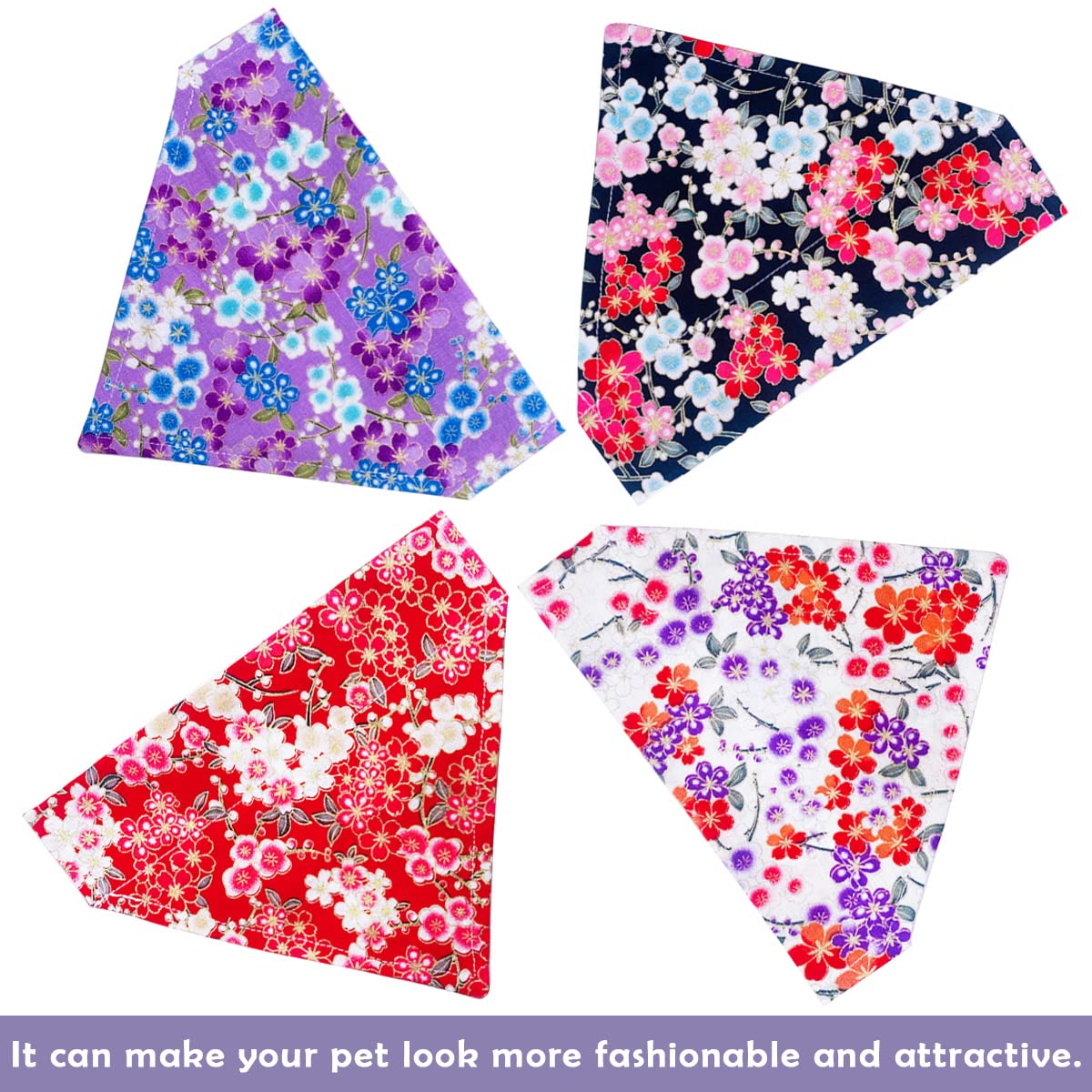 Pet Show 4Pcs Small Dog Bandanas Slide On Collar Set Washable Cherry Blossoms Puppies Cat Bandanas Bibs Slip Through Collar Acce