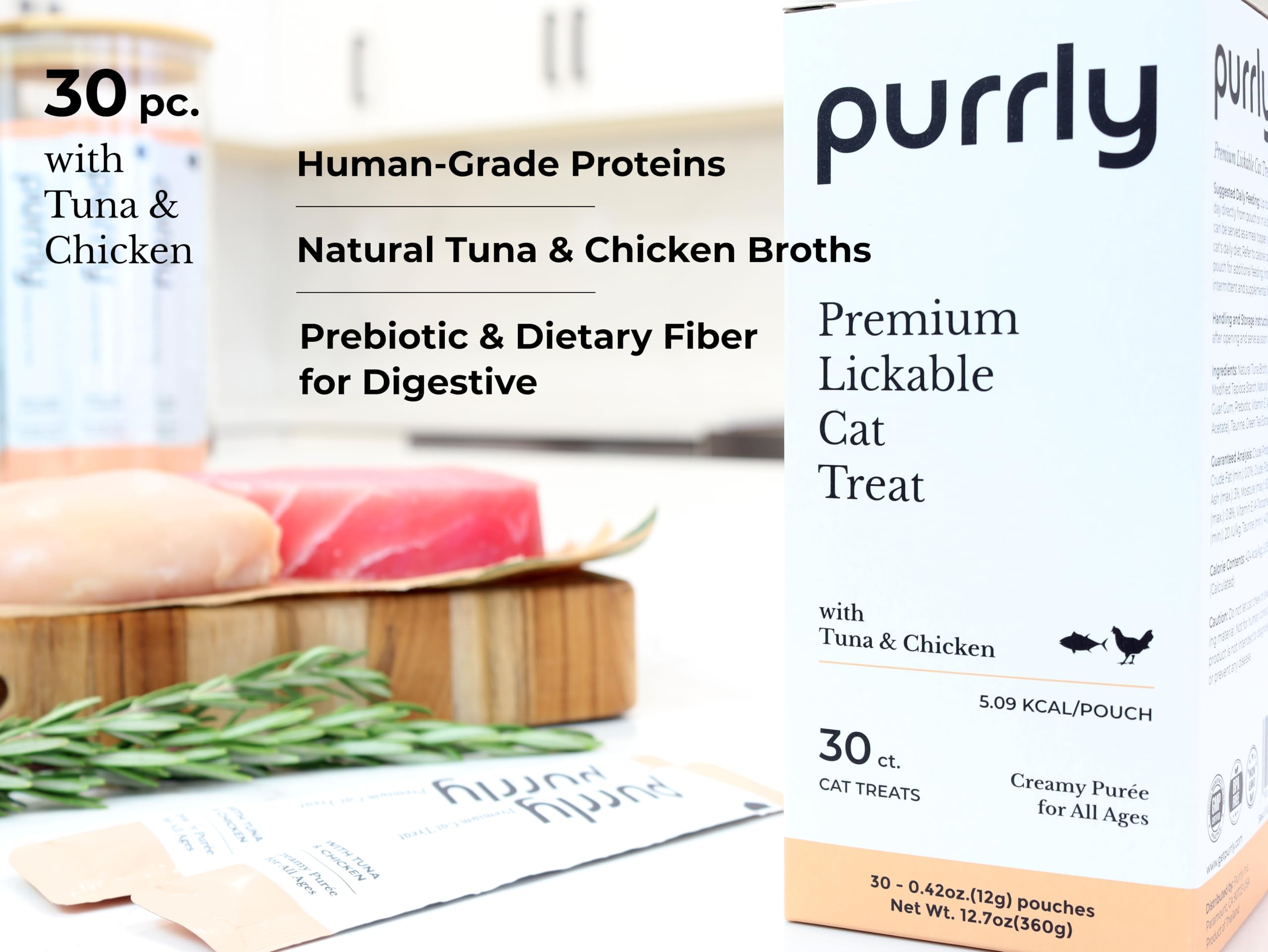 Purrly Cat Treat Topper Lickable Wet Squeezable Healthy Human-Grade Tuna & Chicken Breast with Prebiotic and Dietary Fiber for I