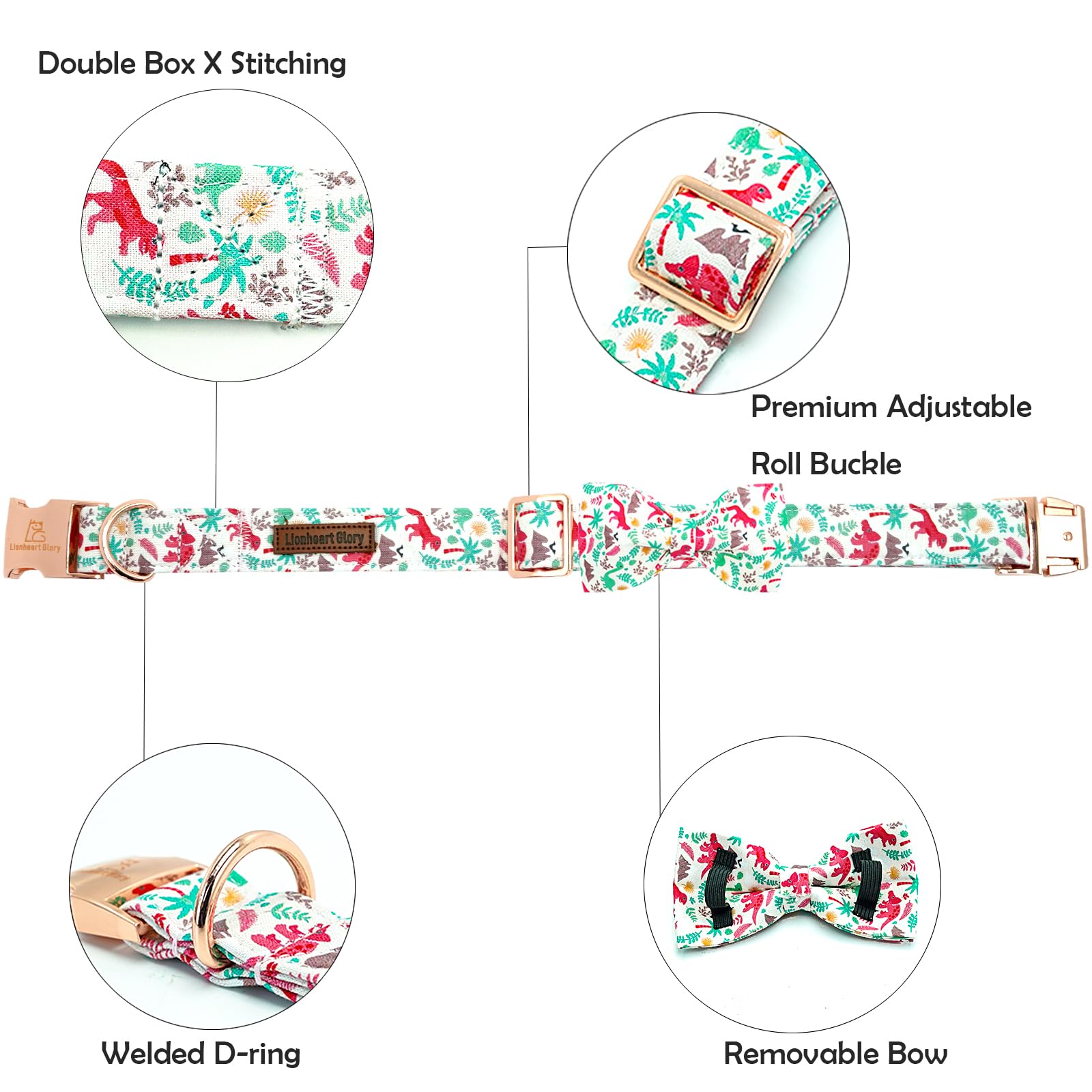 Lionheart Glory Dog Collar, Cute Dog Bow Collar Boy Girl Dog Collars With Bow Adjustable Dinosaur Bowtie Collar For Medium Dogs