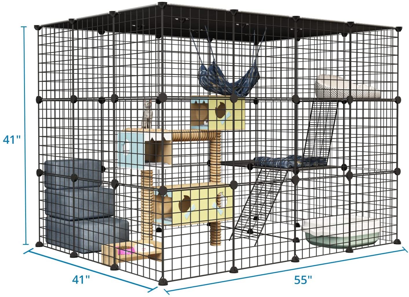 Eiiel Outdoorcat Cages Enclosure With Super Large Enter Door, 55.1Lx41.3Wx41.3H Cat House Balcony Playpen Platforms,Diy Kennels Crate Exercise Place Ideal For 1-4 Cats, Black, (El-387R)
