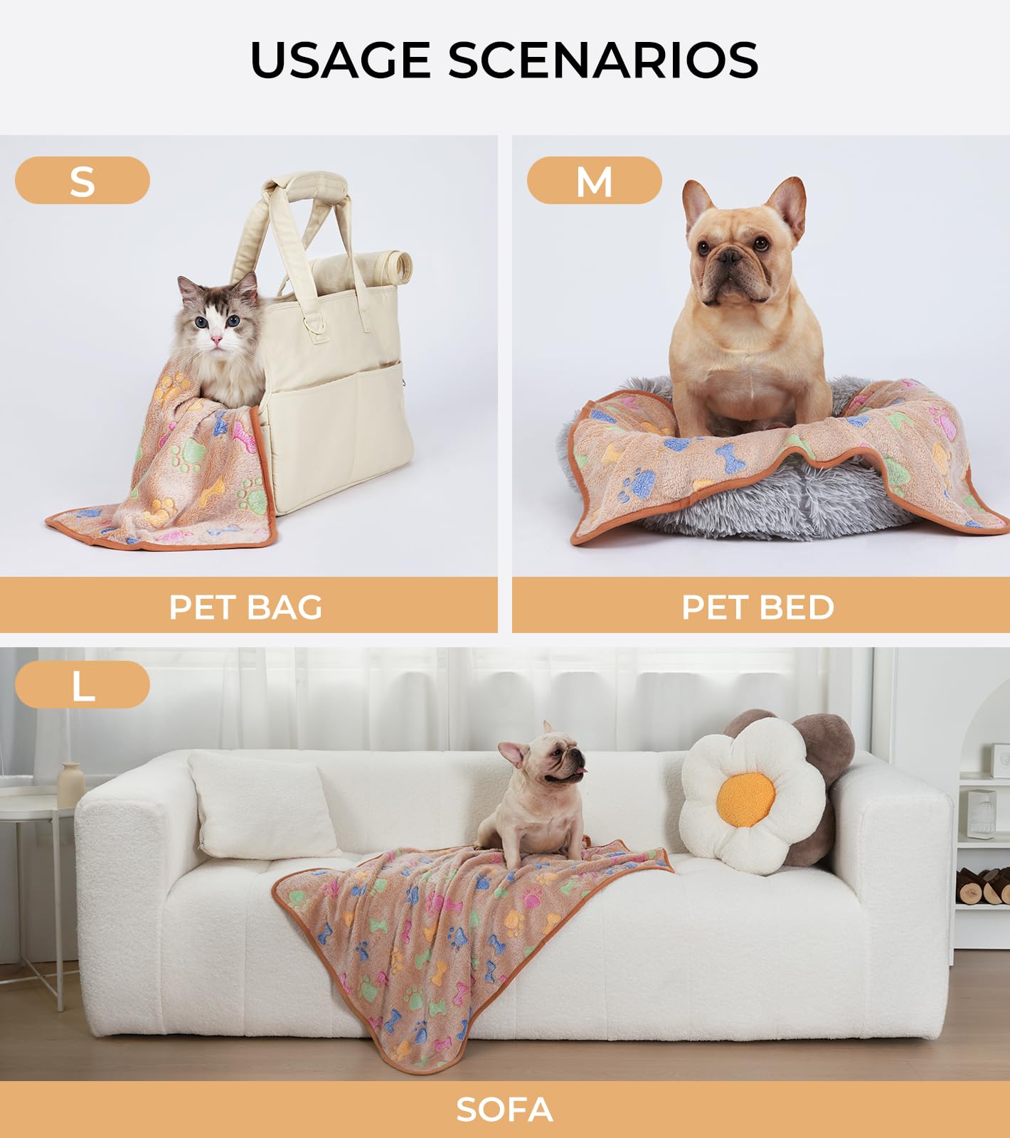 1 Pack 3 Blankets Super Soft Fluffy Cute Bone Pattern Pet Blanket Flannel Throw For Dog Puppy Cat Pink/Brown/Purple Medium
