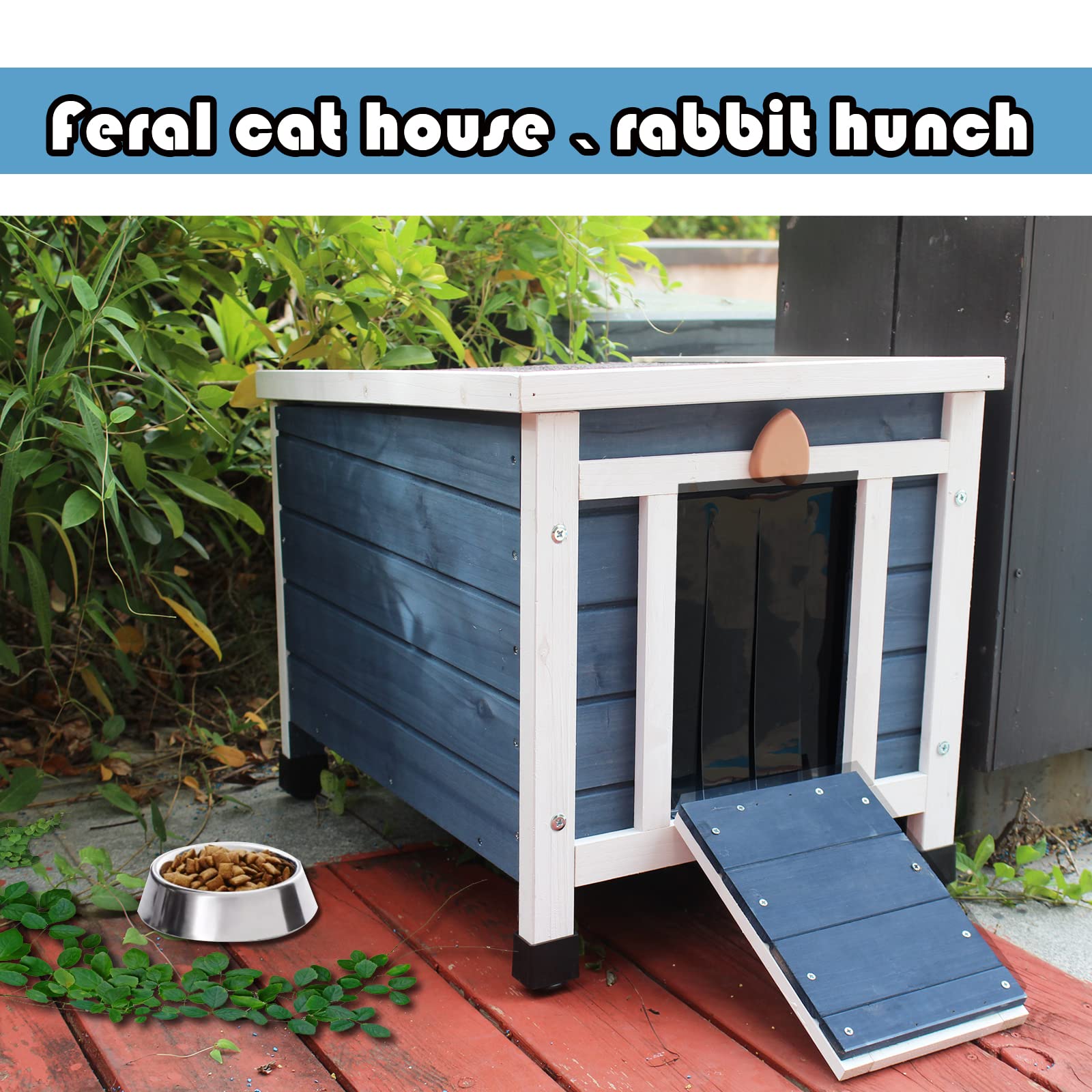 Rockever Outdoor Cat House - Weatherproof Wooden Pet Habitat for Feral Cats - Blue - Model 2025B