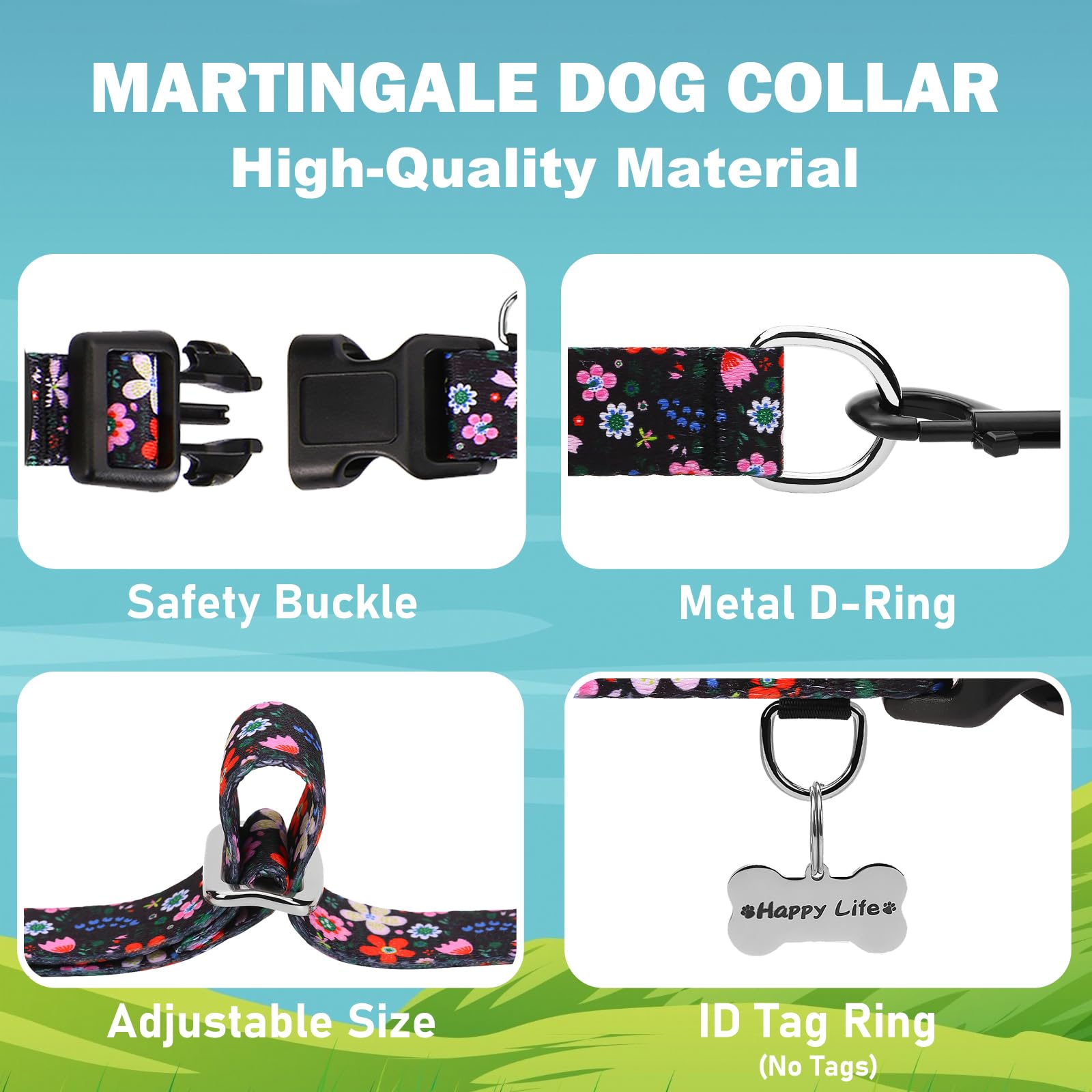 Fidohug Martingale Collar For Dogs With Buckle Adjustable Nylon Floral Slip No Pull Training Dog Collars (Black Pink Red, Small)