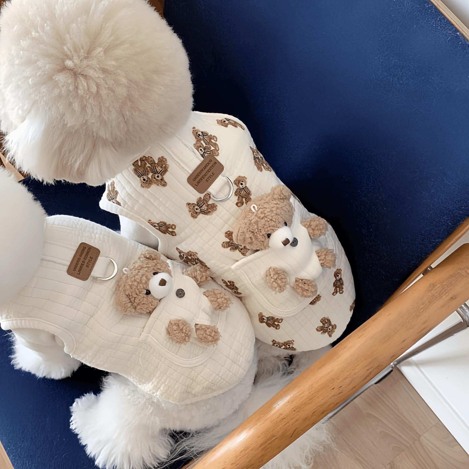 Cute Pet Apparel Plush Bear Pattern Cartoon Dog Clothes All Season Sleeveless Puppy Kitten Pullover Soft Skin-Friendly (White1,