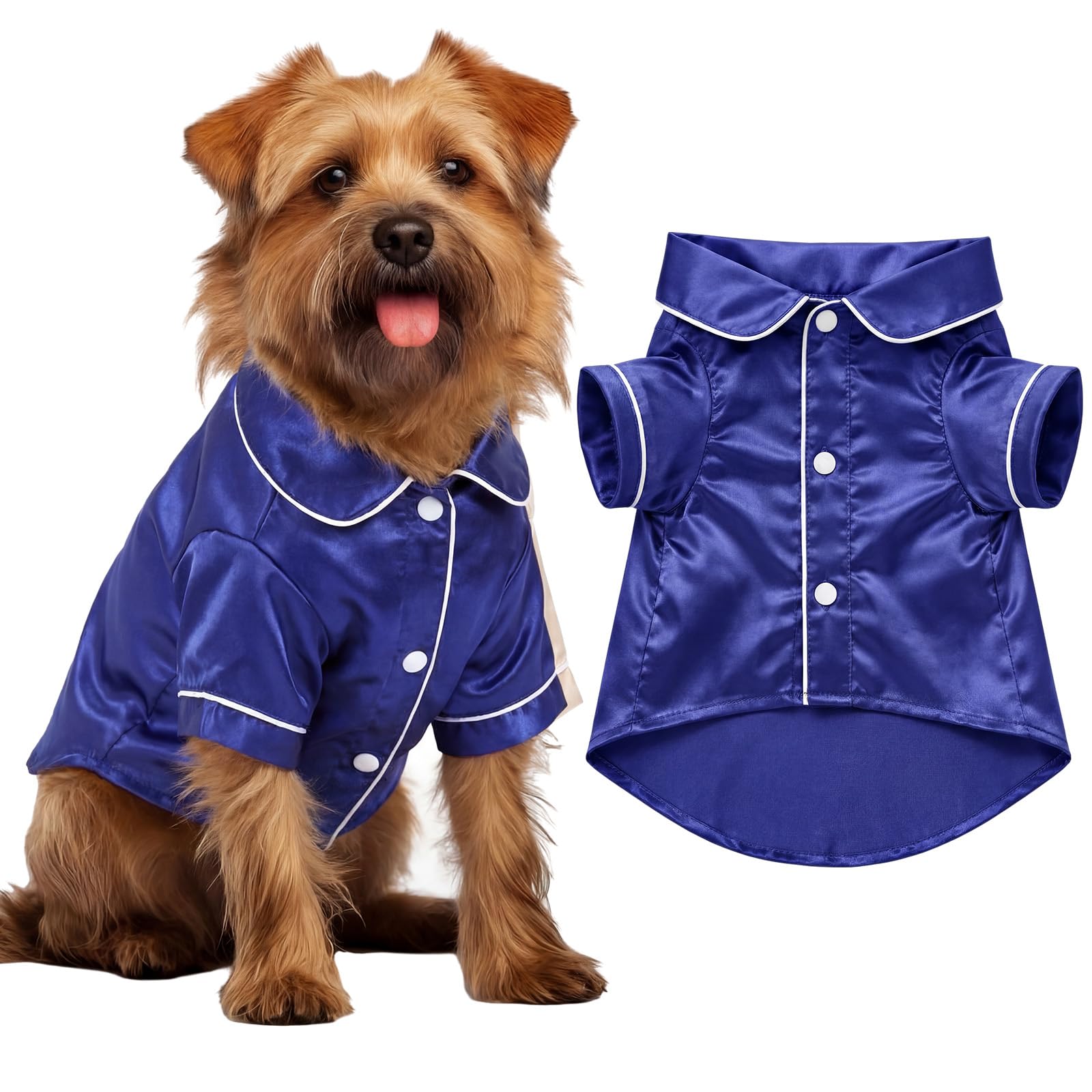 Cosblank Dog Silk Pajamas Shirts Puppy Satin Pjs Pet Sleepwear Soft Faux Silk Lapel Two-Legged for Small Dogs Bridal Party(M,Nav