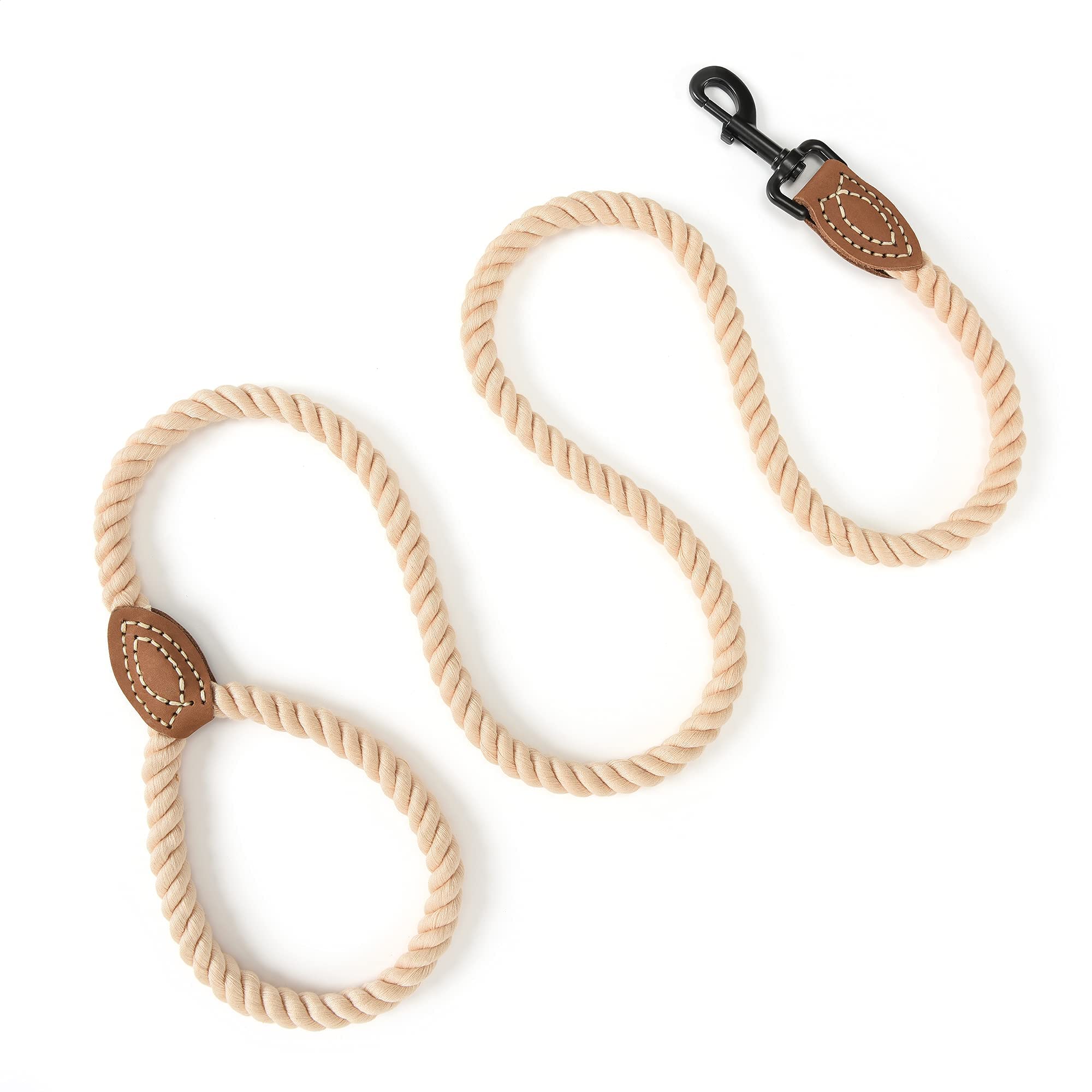 Mile High Life Dog Leash | Braided Cotton Rope Dog Leashes With Leather Tailor Tip | 6 Feet Dog Leash W Heavy Duty Metal Clasp | Wedding Dog Leash (Light Brown, 72Inches)