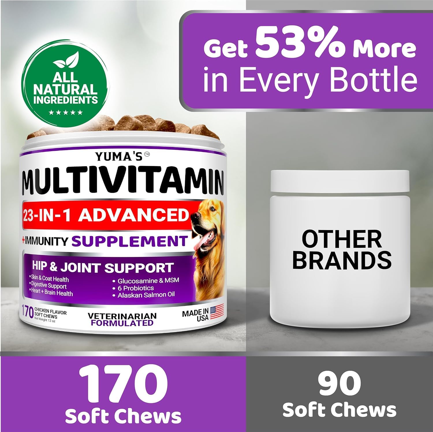 YUMA'S 2-Pack Dog Multivitamin Chewables with Glucosamine, 340 Chews - Senior & Puppy, Hip & Joint Support, Brown