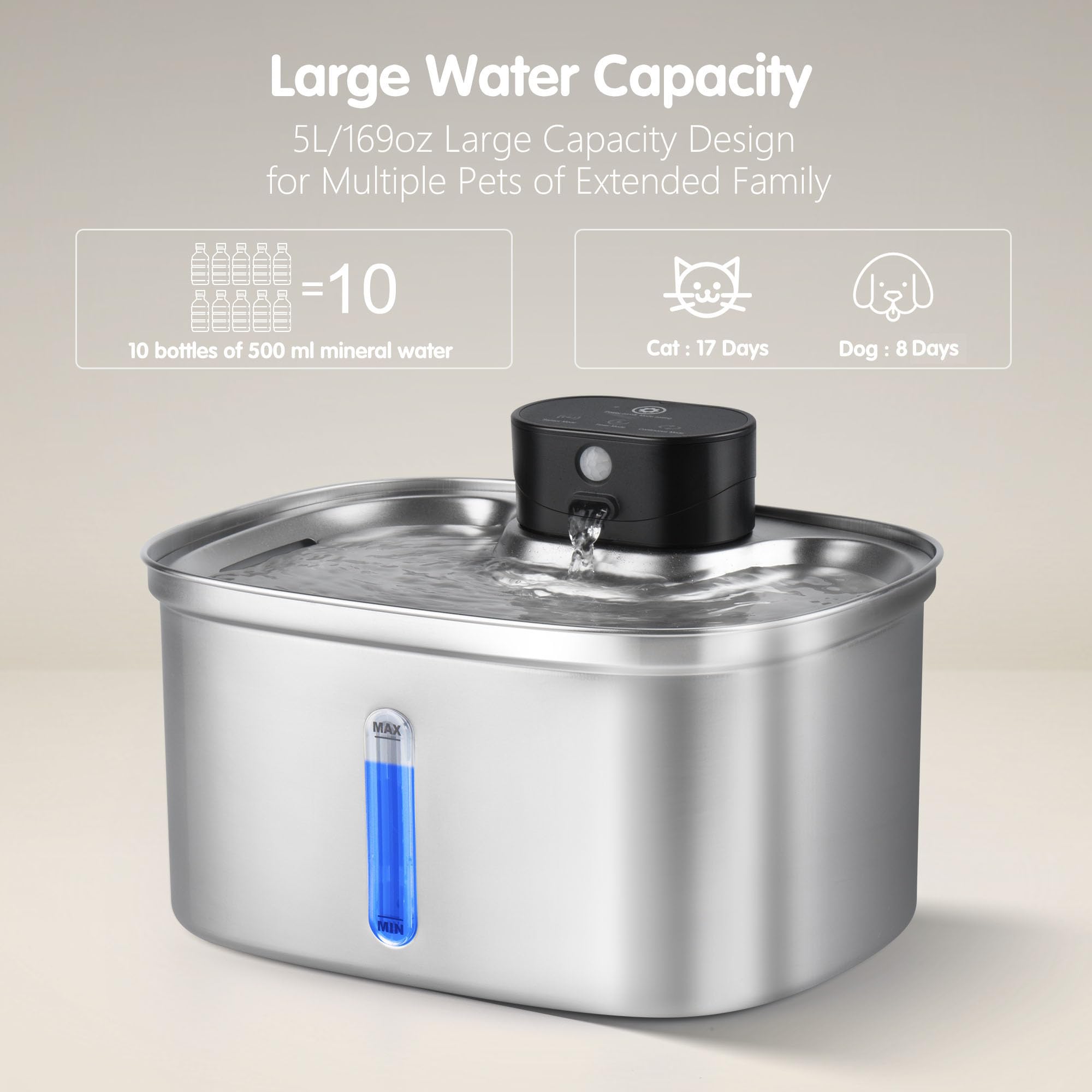 Boorca Cat Water Fountain Cordless, 169Oz/5L Wireless Smart Pet Water Fountain With 5000Mah Battery & Ultra Quiet Pump, Stainles