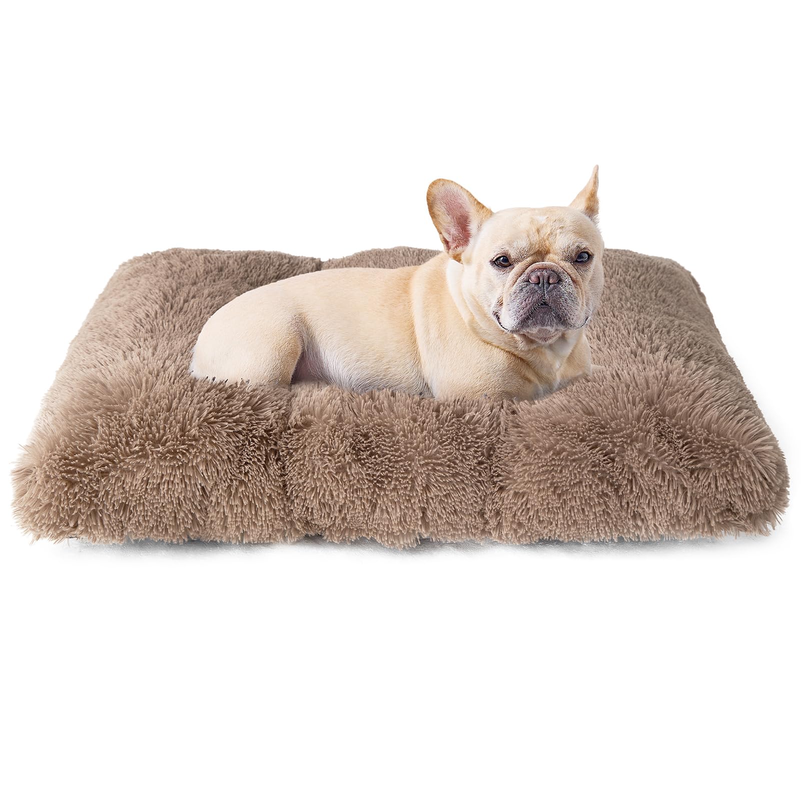 Eheyciga Fluffy Dog Crate Bed For Medium Dogs, Plush Faux Fur Dog Crate Pad, Calming Anti Anxiety Medium Dog Bed For Crate, Washable Soft Warm Dog Crate Mat With Non-Slip Bottom, Camel