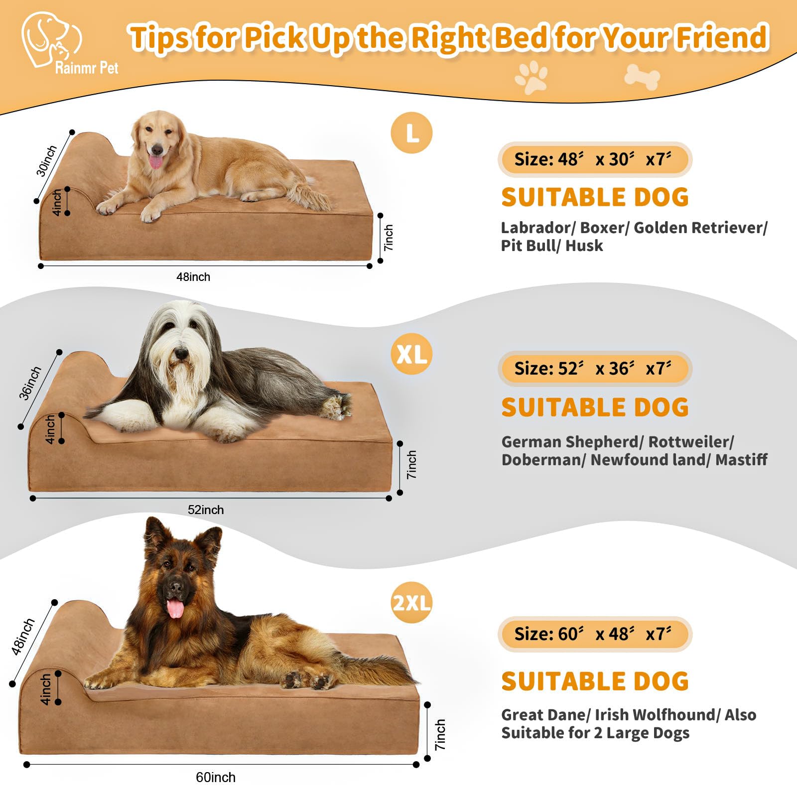 Rainmr XL Khaki Orthopedic Dog Bed - 52"x36"x7" Memory Foam, Waterproof Liner, Durable Microsuede, Removable Cover, Nonskid Bottom