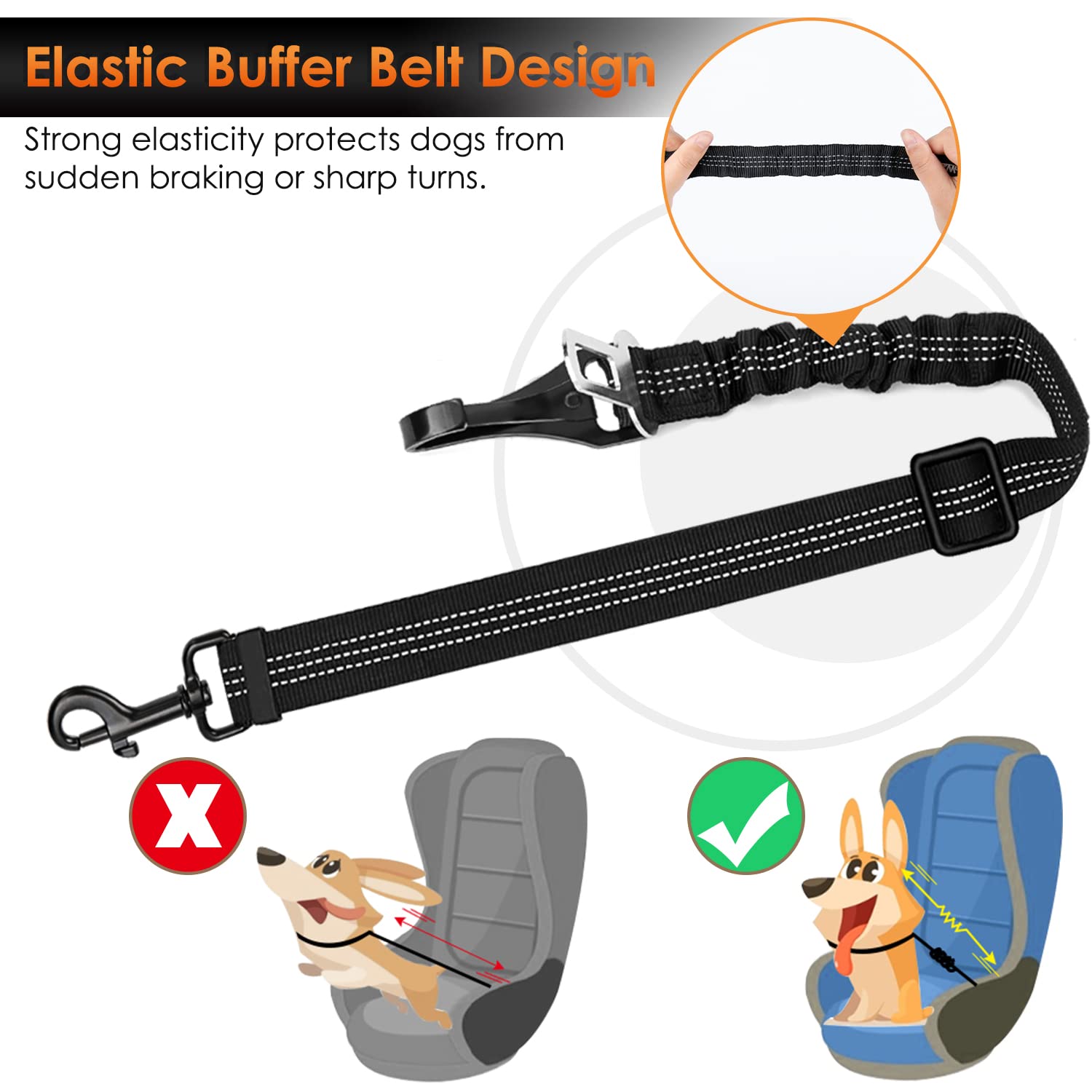 SlowTon Dog Seat Belt, Adjustable 35.5in Nylon Bungee Leash, Black - Reflective Safety Harness Attachment, Model STP38N-L-B-AO