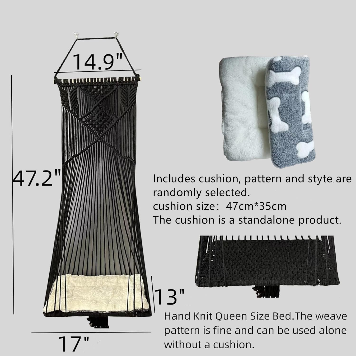 Doralus cat Bed cat Hammock Macrame cat Swing Bed cat cage cotton Rope Hanging cat House cats Toy Tassel Basket Tapestry (Black,