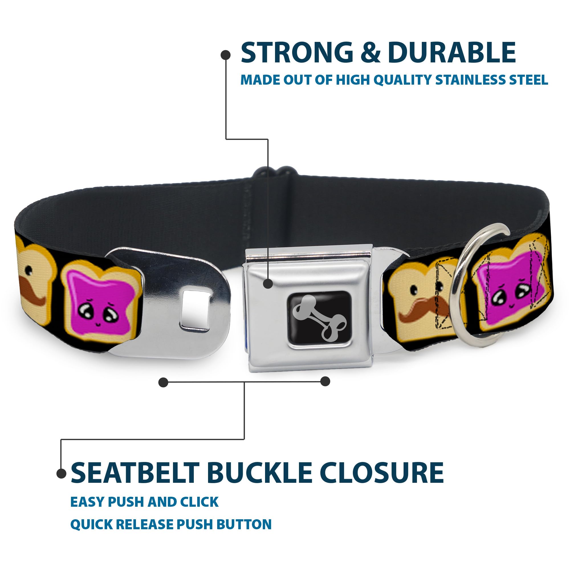Buckle-Down Seatbelt Buckle Dog Collar - Peanut Butter W/Mustache & Jelly - 1.5' Wide - Fits 16-23' Neck - Medium