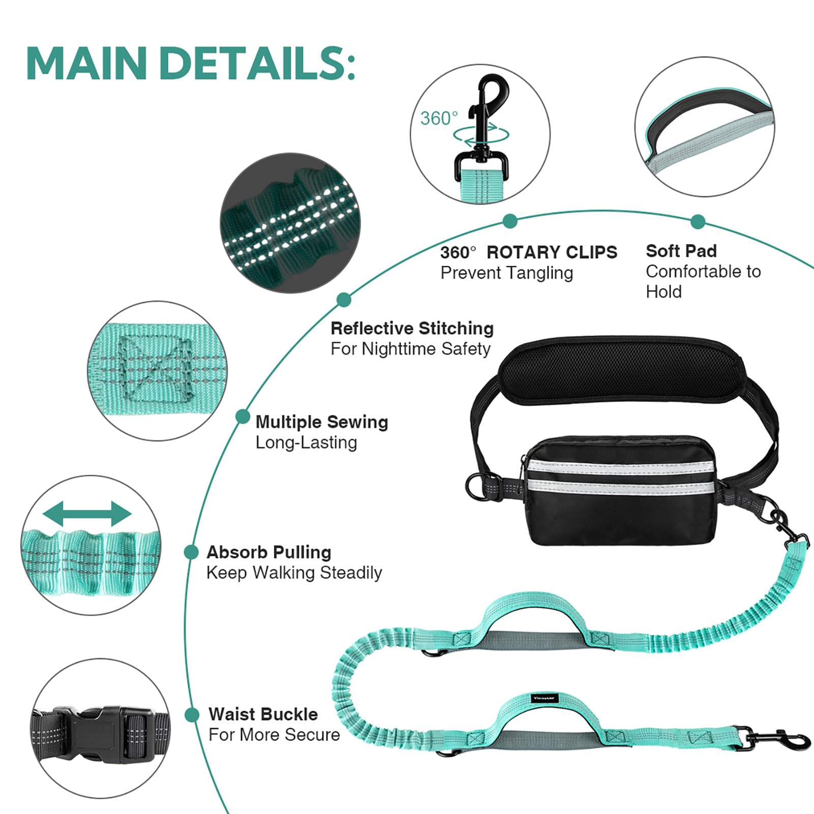 Yicostar Hands Free Dog Leash, Retractable Bungee With Double Padded Handles, Waist Leash For Dog Walking, Heavy Duty Dog Leash