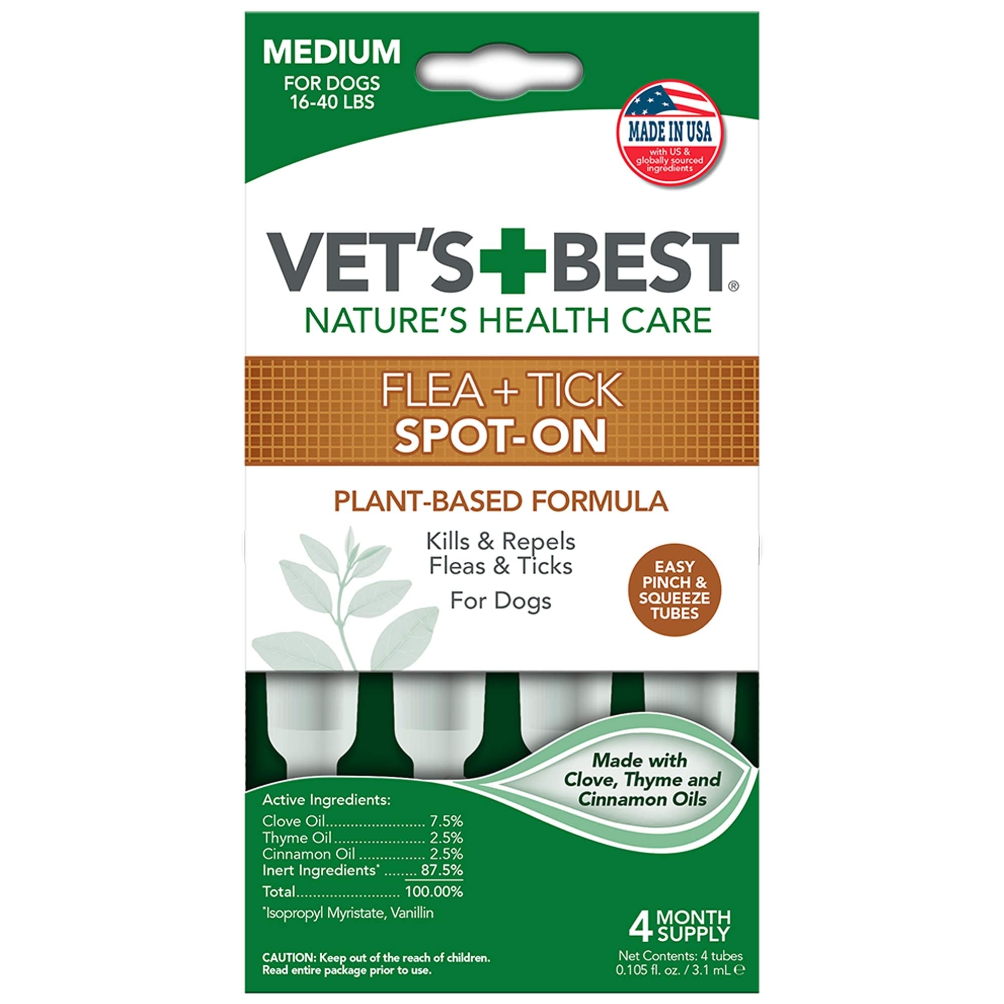 Vets Best Topical Flea & Tick Treatment for Dogs 16-40lbs, 4 Month Supply