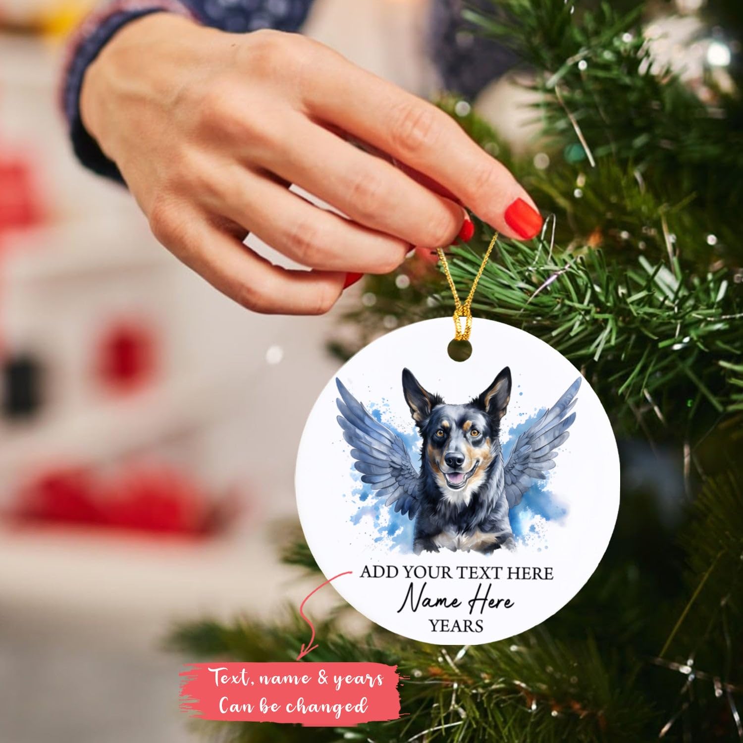 Blue Heeler Dog Memorial Ornament, Blue Heeler With Angel Wings Christmas Ornament, Blue Heeler Dog Loss Gifts For Dog Mom Dog Dad, Custom Text Name & Year Xmas Tree Hanging, Blue Heeler Ornaments