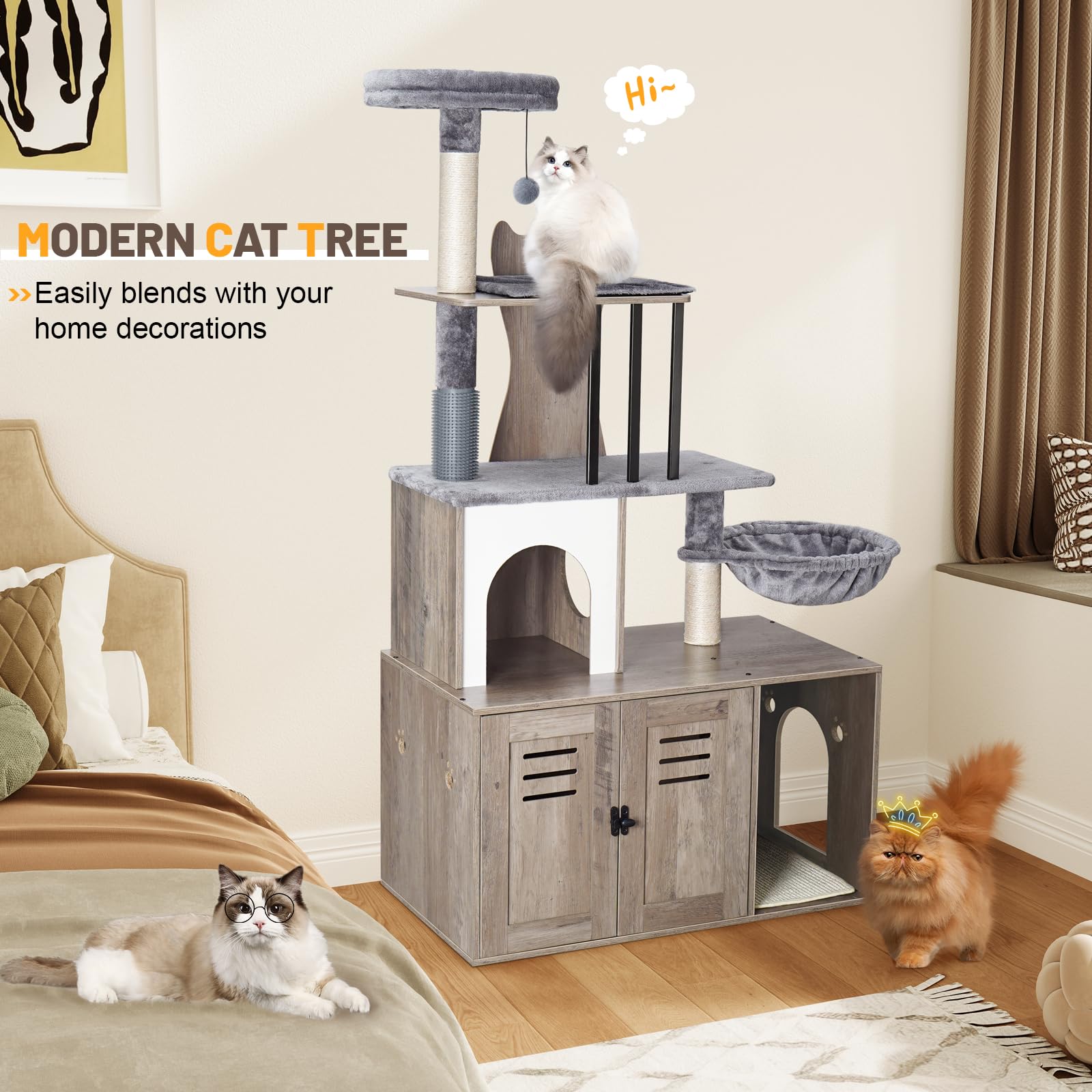 Snughome Cat Tree With Litter Box Enclosure Furniture, 2-In-1 Modern Cat Tower, 58.66 Wood Cat Condo With Scratching Post And Ha