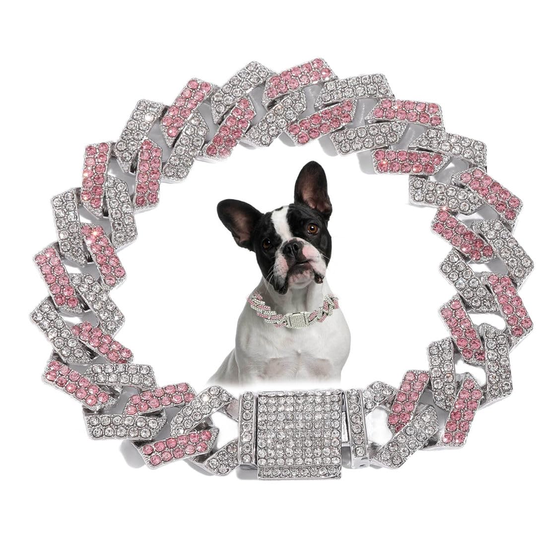 Pink Dog Chain Necklace, Bling Diamond Cuban Link Dog Collars Glitter Chain Rhinestone Dog Collar For For Small Medium Large Pet