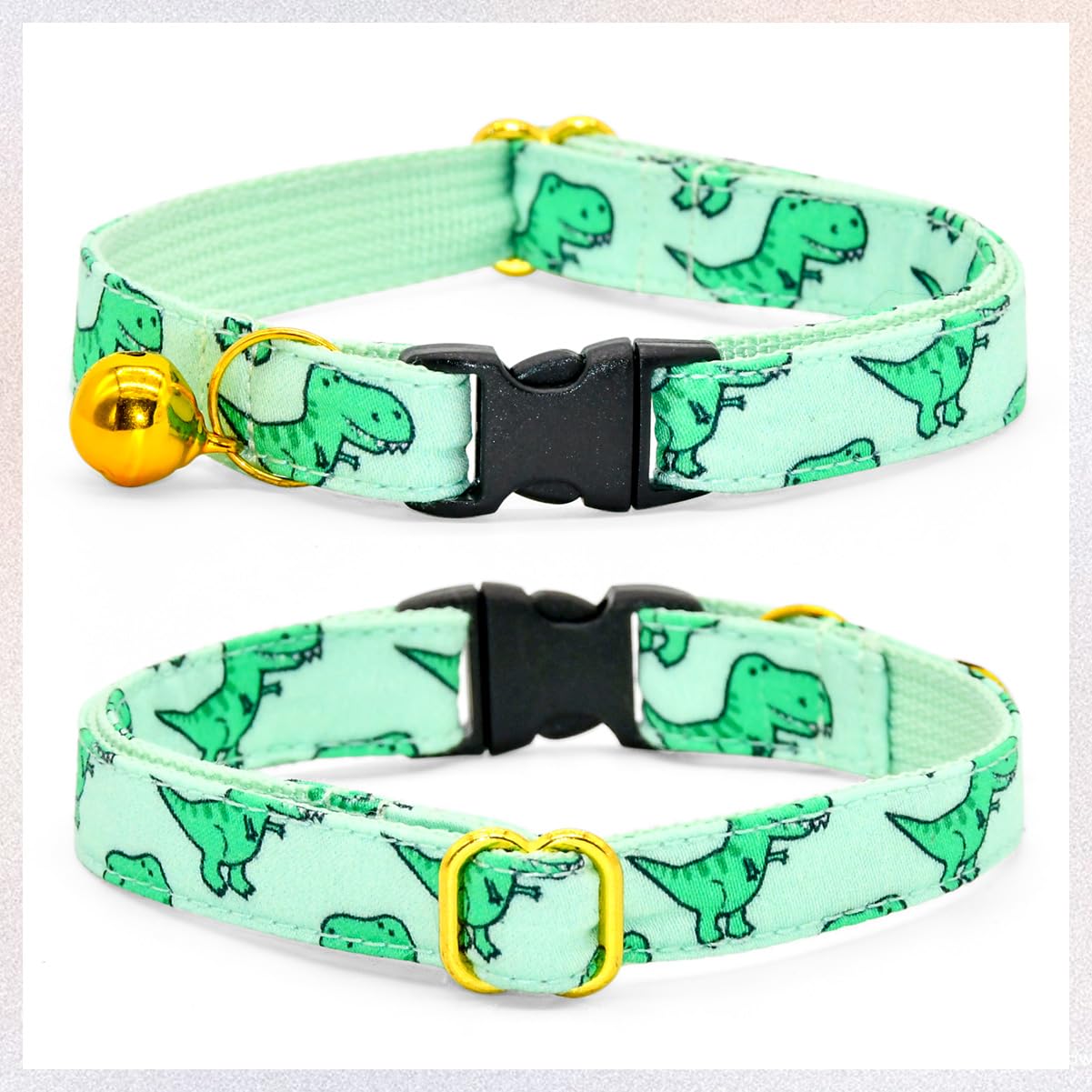 Cat Bow Collar, Green Dinosaur Pattern, Quick Release Safety Buckle, (6 - 10)