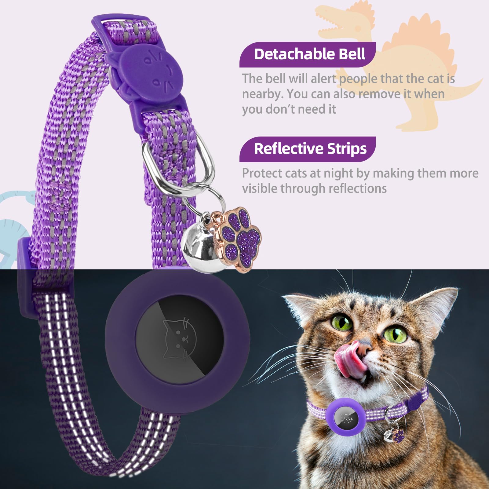 Pupteck Airtag Cat Collar Breakaway 2 Pack With Bells, Reflective Kitten Collar With Air Tag Holder For Boy Girl Kitty And Puppies, Soft, Purple