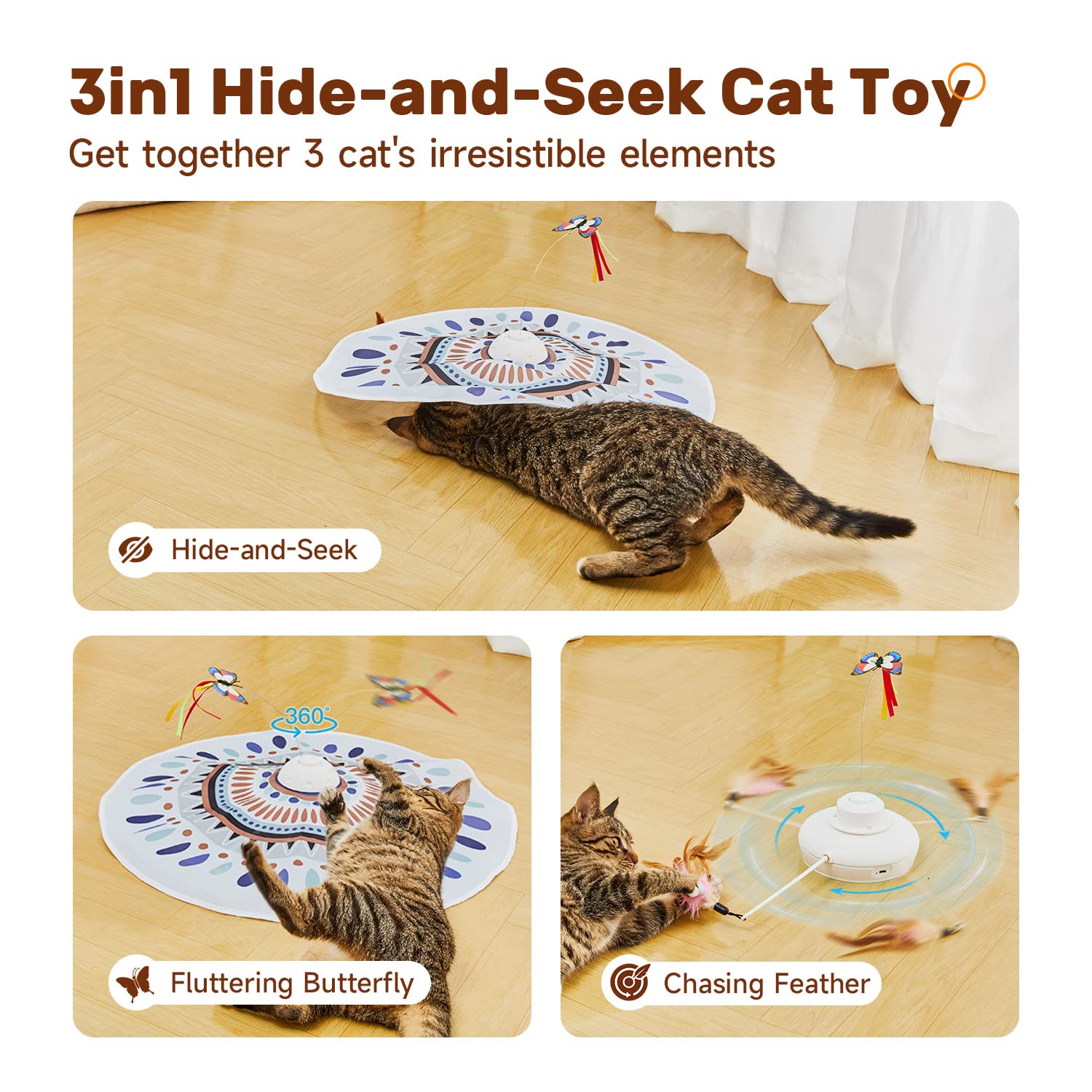Potaroma Cat Toys Chargeable, 3In1 Hide And Seek For Kittens, Interactive Automatic Play, Fluttering Butterfly, Moving Wand Feather, Indoor Kitty Exercise 22.8 Inch Cover For All Breeds