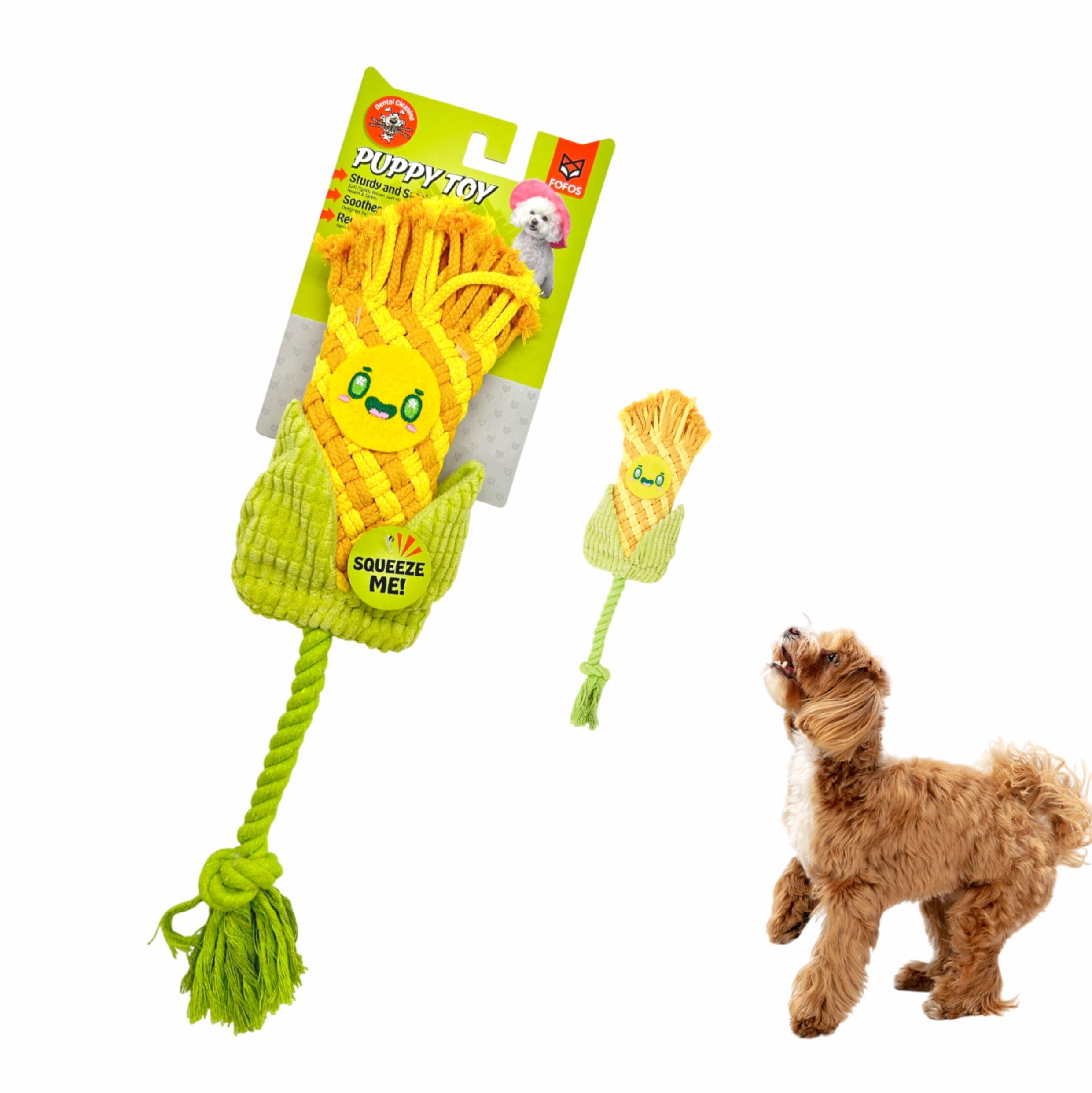 Barkbutler X Fofos Puppy Teething Corn Dog Toy Soft & Squeaky Toys For Dogs With Rope Body, Dog Toys For Medium Dogs (020Kgs) 