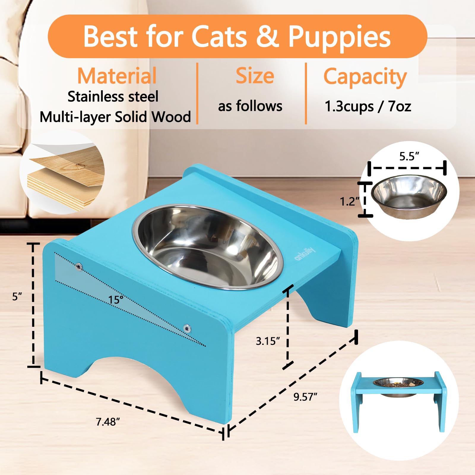 Elevated Cat Bowls,2 Stainless Steel Pet Food Water Feeder,15Tilted Raised Pet Dish, Slanted Dog Bowl with Wood Stand for Kitty
