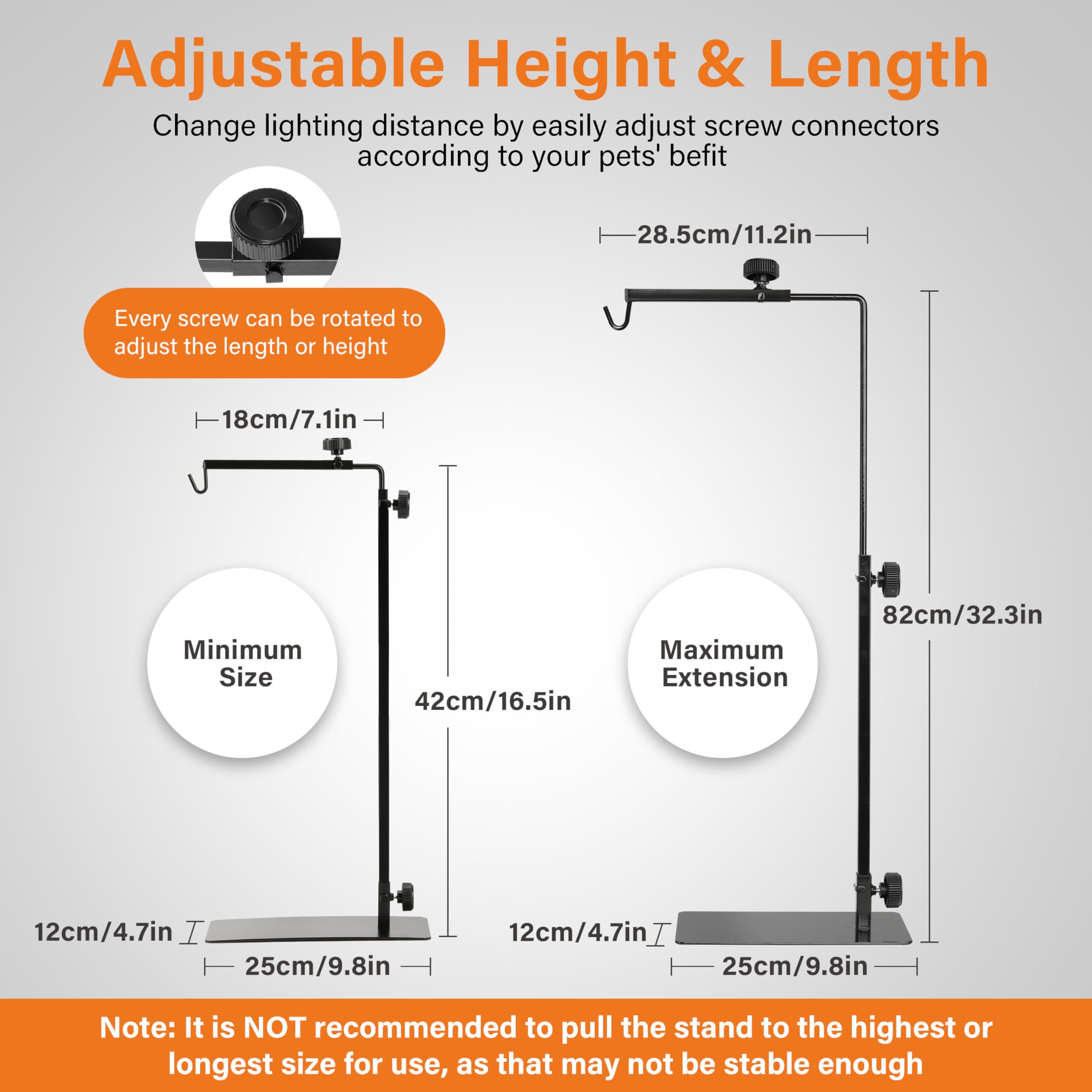 Simple Deluxe Reptile Lamp Stand, Adjustable 16''-32'' Floor Light Holder Stand Metal Bracket For Reptile Glass Terrarium Heatin