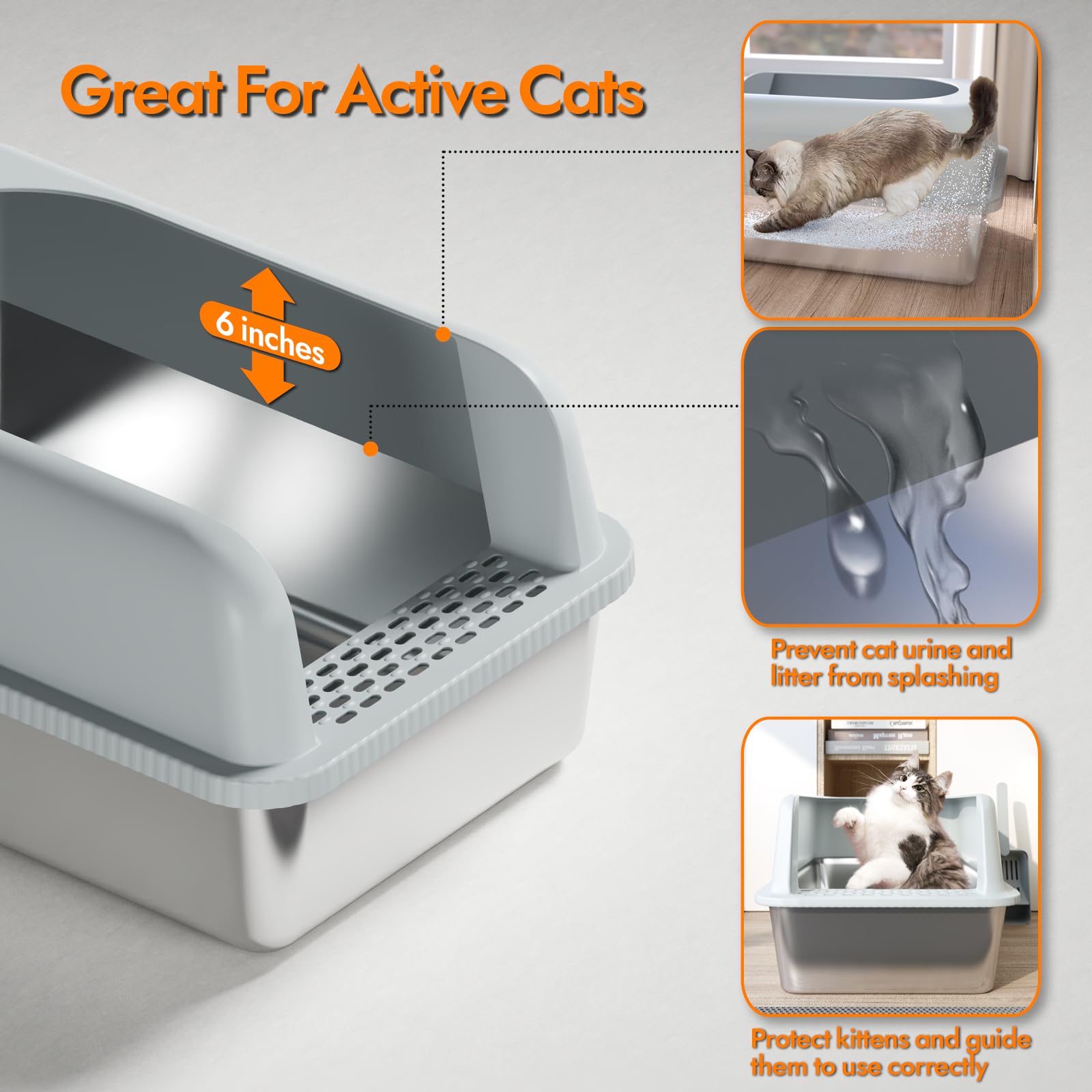 Extra Large Litter Box For Big Cats, Stainless Steel Cat Litter Box With High Side, Anti-Leakage,Non-Stick, Includes Litter Mat