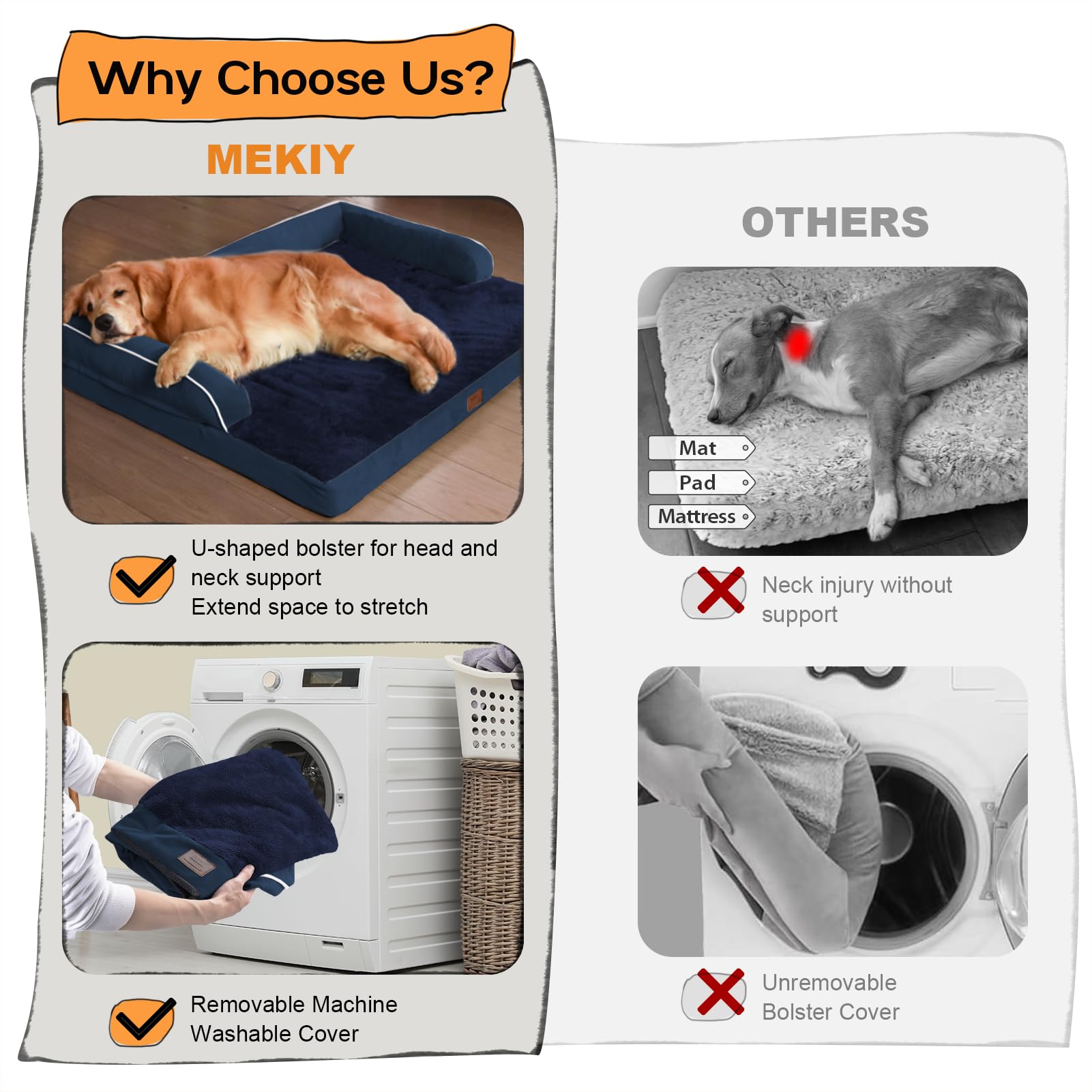 Mekiy Orthopedic Large Dog Bed Washable: Orthopedic Dog Beds For Large Xxxlarge Size Dogs, Waterproof Washable Cover With Egg Foam Removable Bolster, Navy Blue Pet Beds For Large Dogs