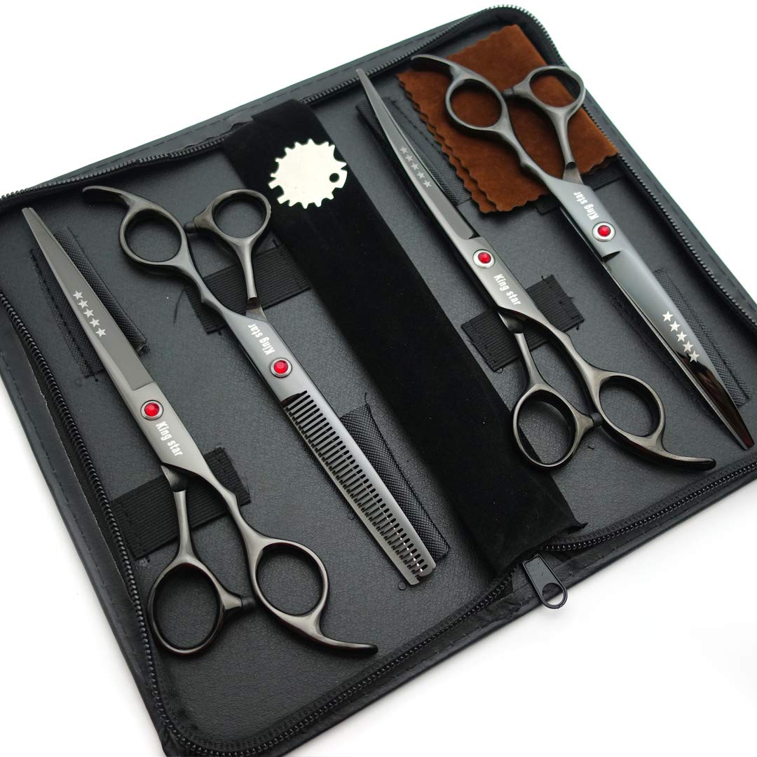 Kingstar 4pcs Pet Grooming Scissors Set - Titanium Black, Stainless Steel, Straight & Thinning & Curved, Model AM-A250