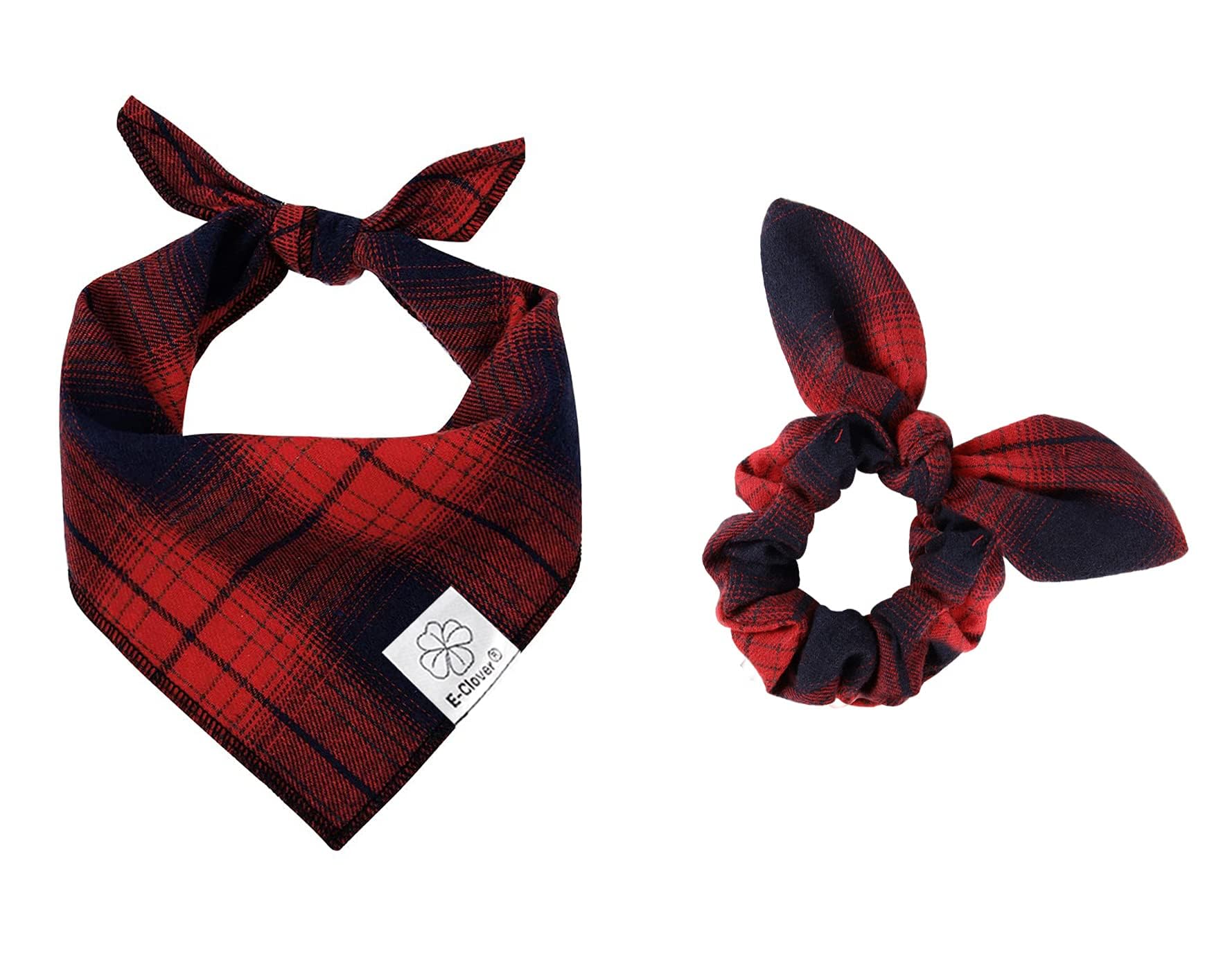 E-Clover Dog Bandanas Girl & Matching Scrunchie Set Plaid Dog Kerchief Bandana Triangle Scarf Bibs For Small Dog Puppy Boy Pet O