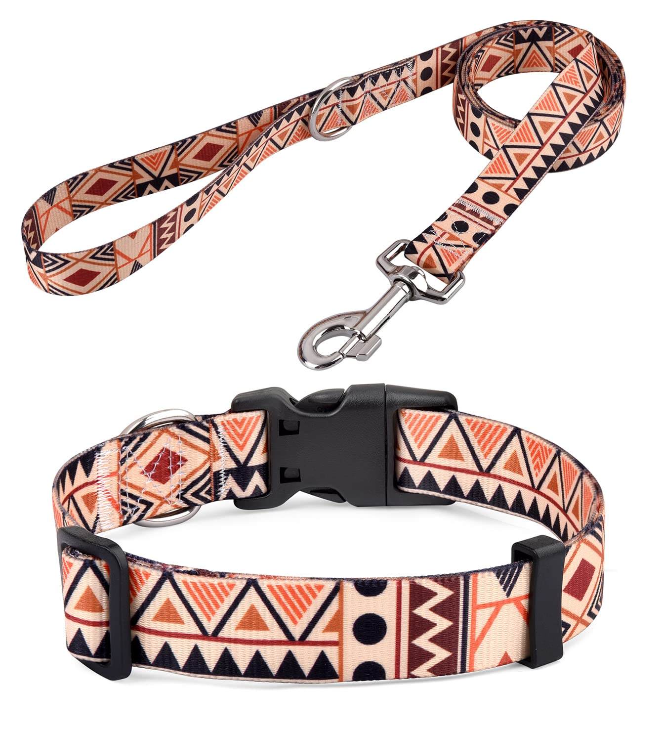 Hqyddmi Soft Comfy Pet Collar And Leash Set For Small Medium Large Dogs, Geometry Pattern For Boy Girl Puppy Dogs (Beige Geometr