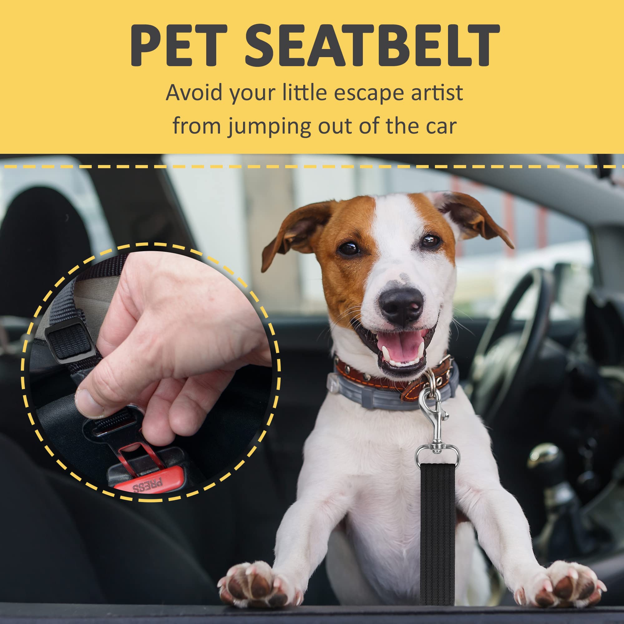SunGrow Adjustable Nylon Dog Seat Belt for Car - Black, Supports All Cars, Safe Travel Harness for Dogs, Cats & Ferrets
