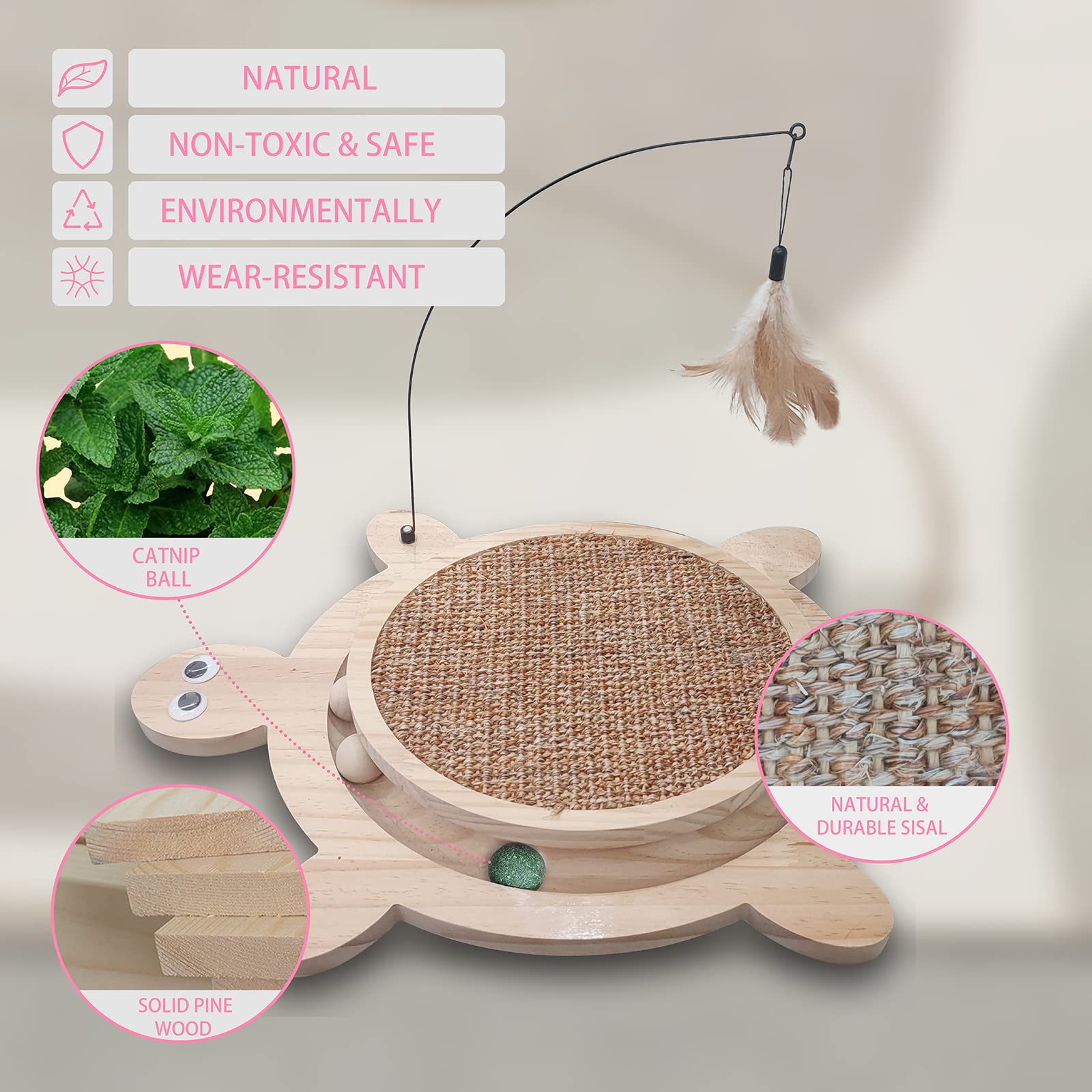 Petest Interactive Cat Toy Cat Scratch Toy Natural Sisal Cat Scratcher With Catnip Balls, Cat Scratch Pad With Cat Toy Roller, Turtle Design