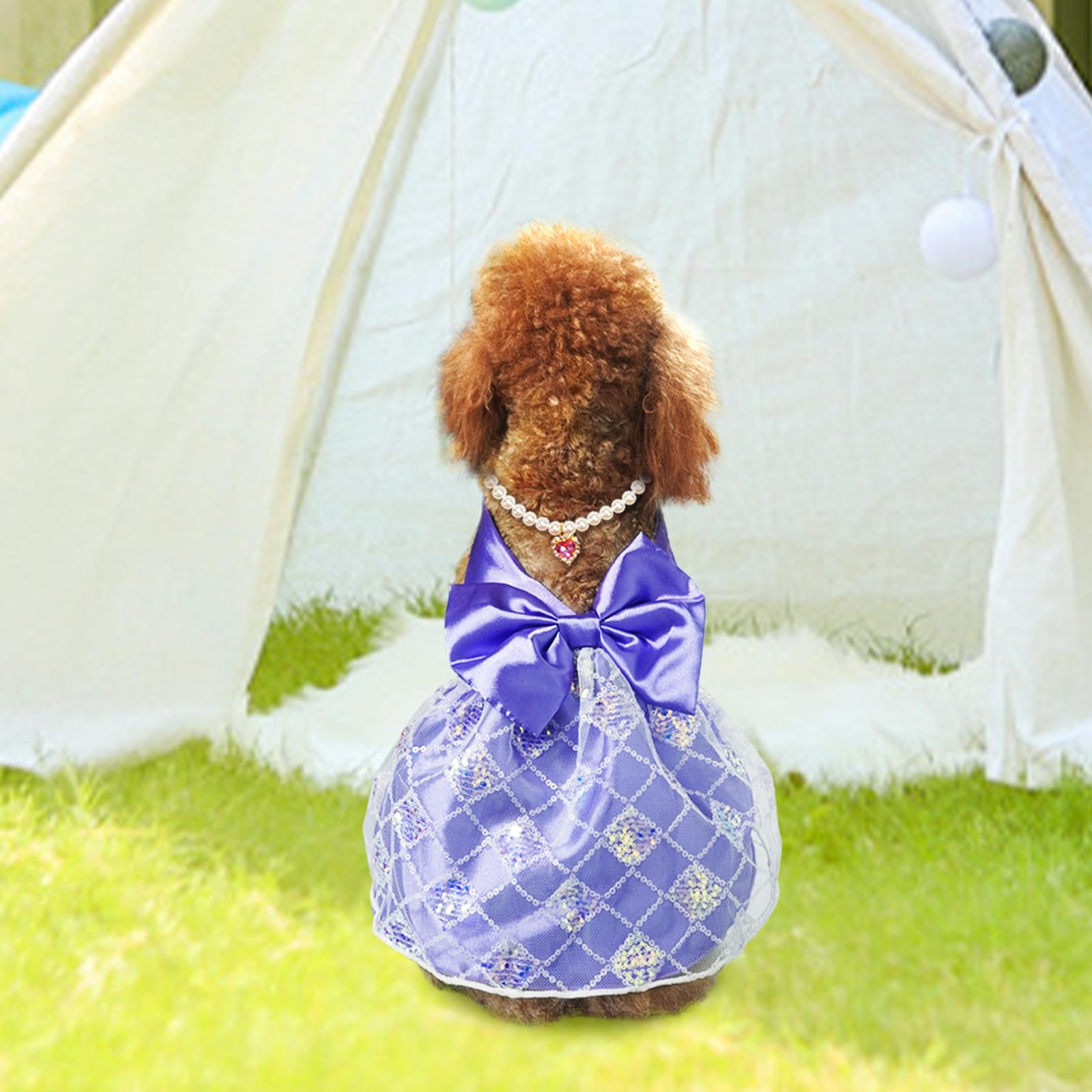 Topkins Cute Dog Outfit With Bow Tie - Summer Dress & Holiday Skirt With Purple Heart Pearl Necklace For Medium Small Dogs