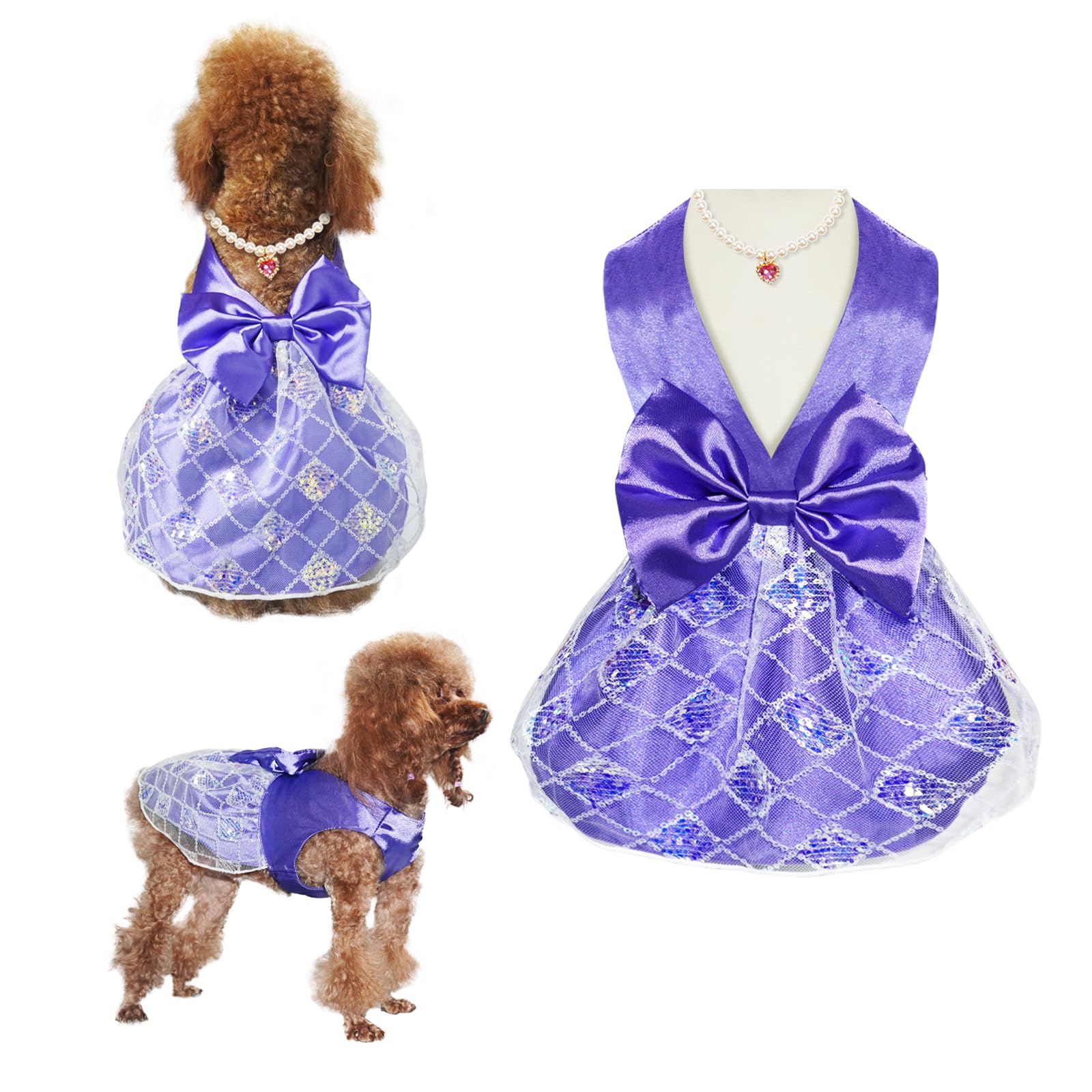 Topkins Cute Dog Outfit With Bow Tie - Summer Dress & Holiday Skirt With Purple Heart Pearl Necklace For Medium Small Dogs